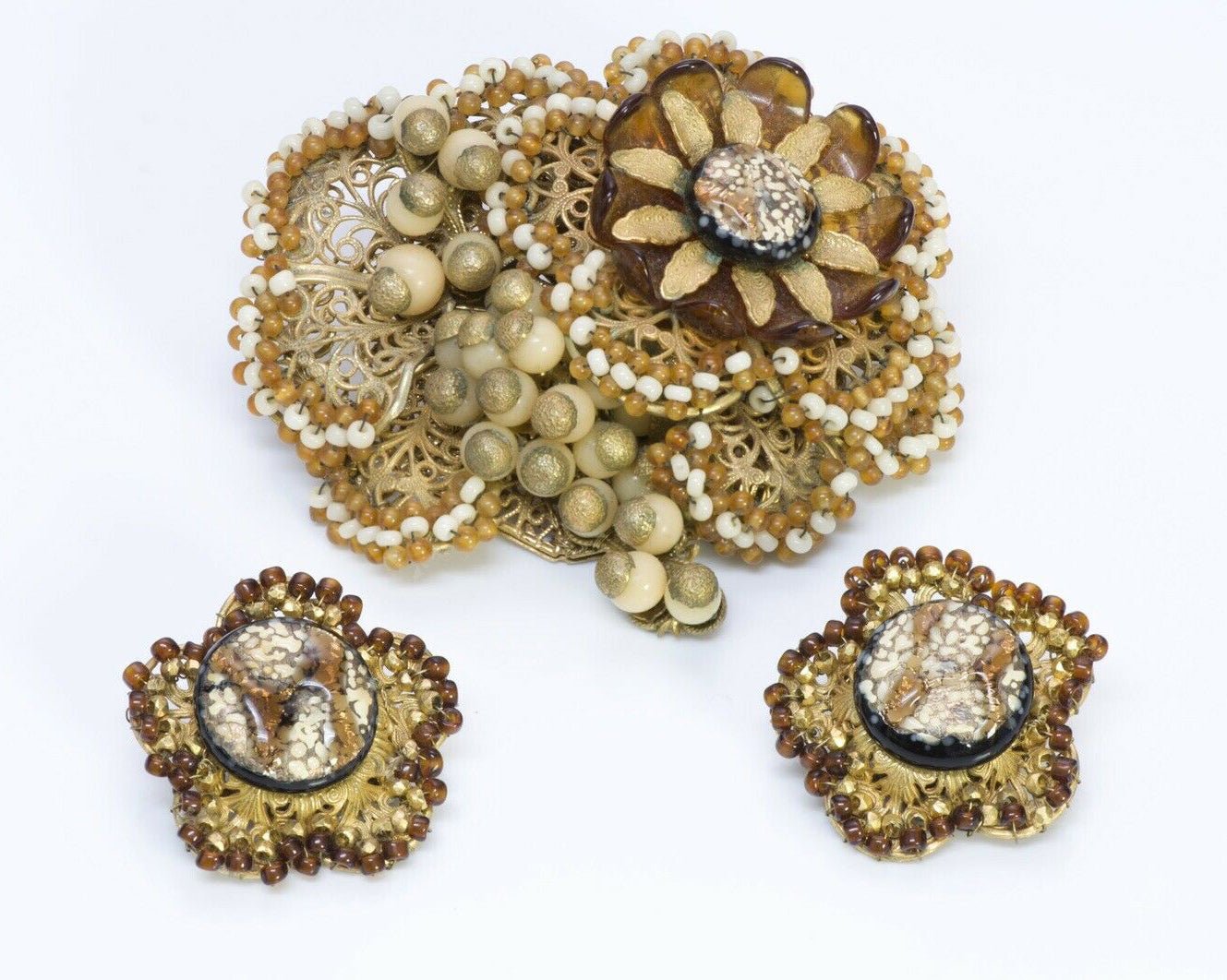 Miriam Haskell Gripoix 1950’s Glass Beads Brooch Earrings Set