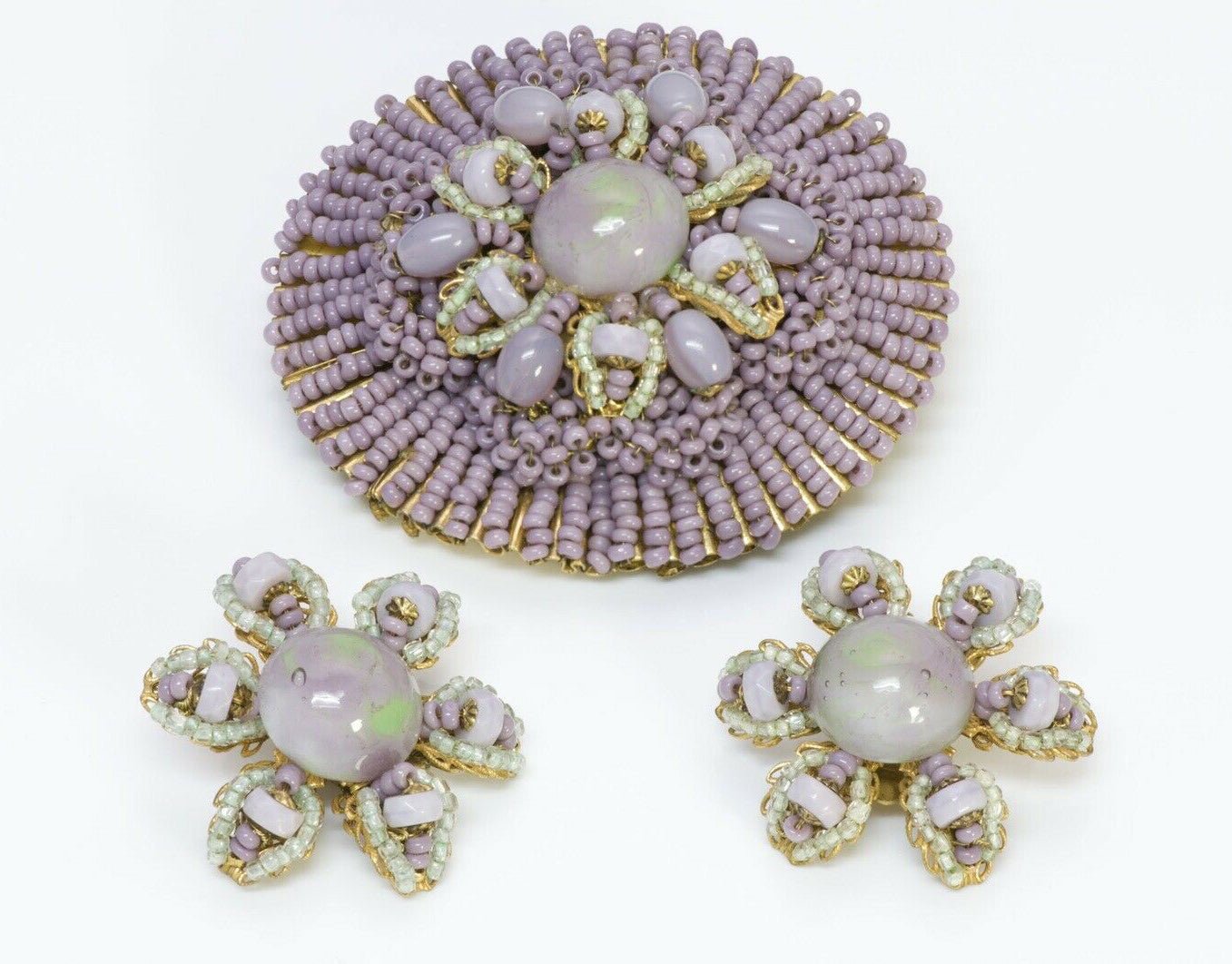 Miriam Haskell Gripoix 1950’s Purple Glass Flower Brooch Earrings