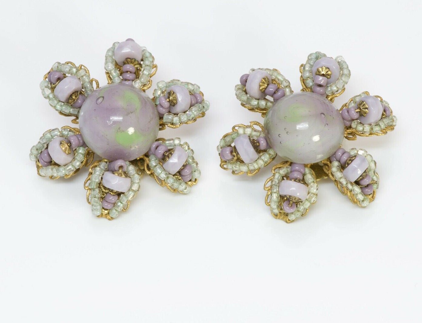 Miriam Haskell Gripoix 1950’s Purple Glass Flower Brooch Earrings