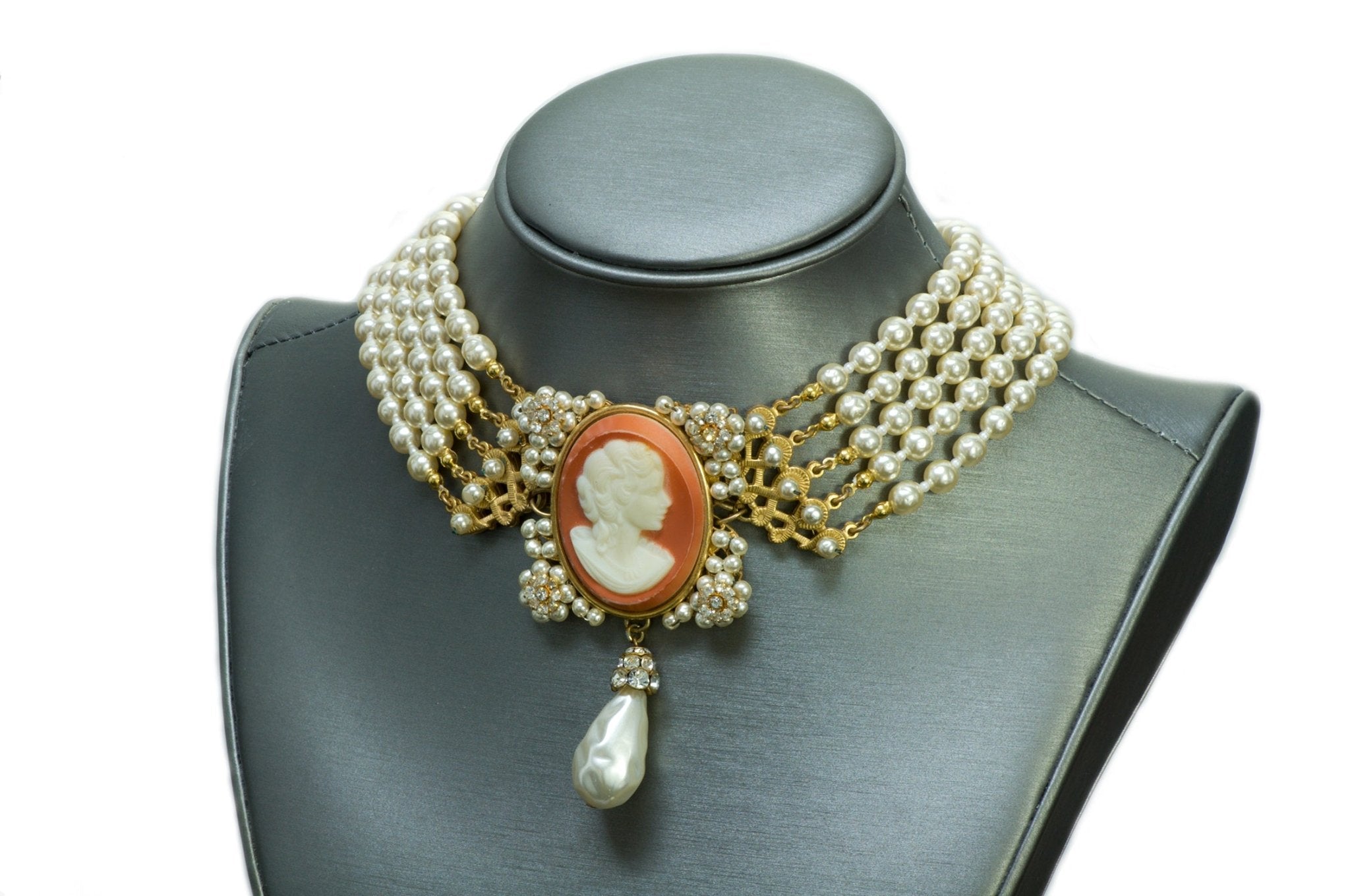 Miriam Haskell Victorian Style Cameo Pearl Necklace