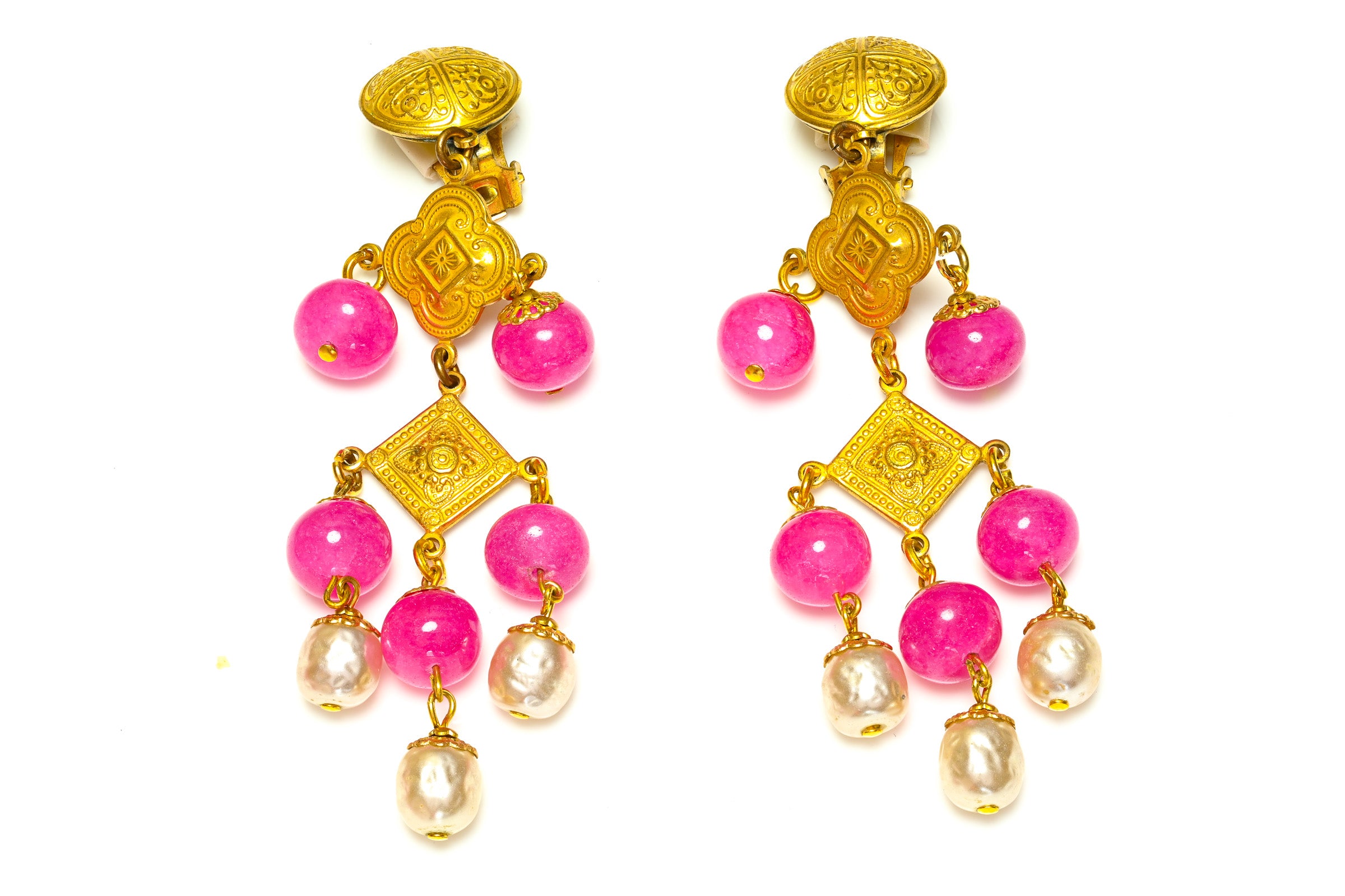 Vintage Miriam Haskell Pink Glass Beads Pearl Earrings Necklace Set 1
