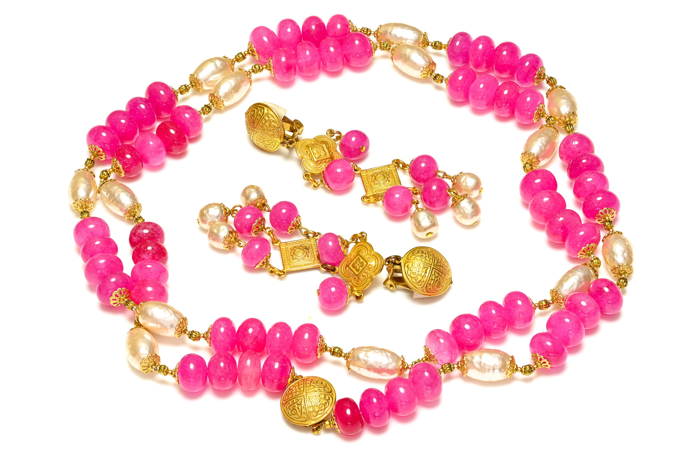 Vintage Miriam Haskell Pink Glass Beads Pearl Earrings Necklace Set