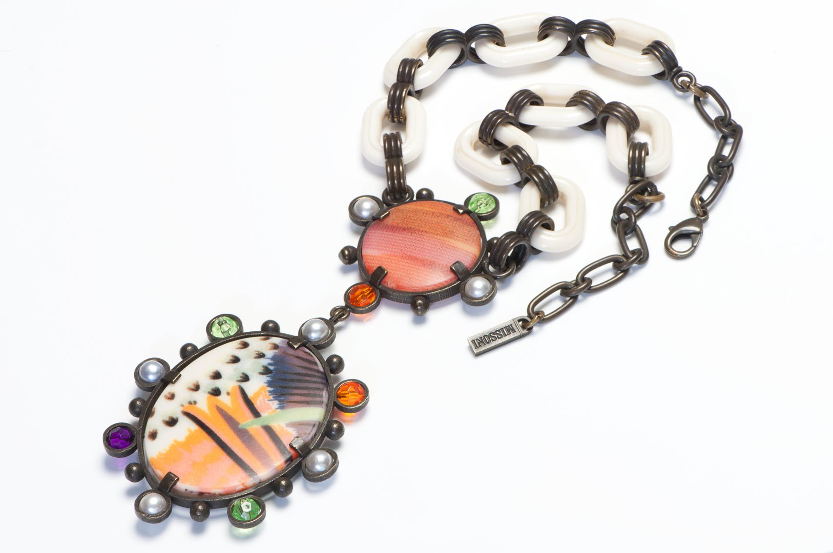 Missoni Orange Green Resin Crystal Pearl Chain Link Pendant Necklace