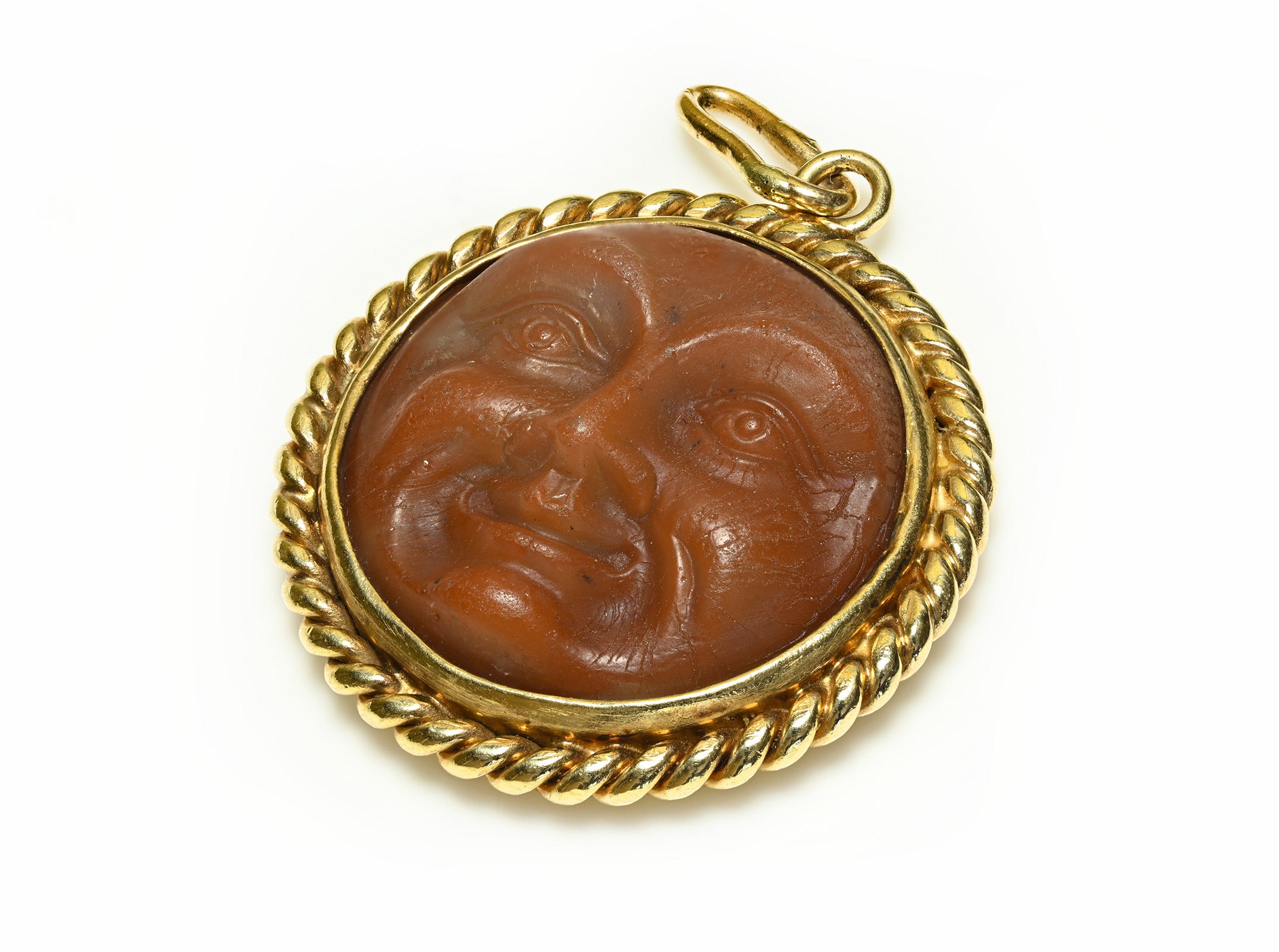 Victorian Red Jasper Man in Moon Pendant 14K Gold