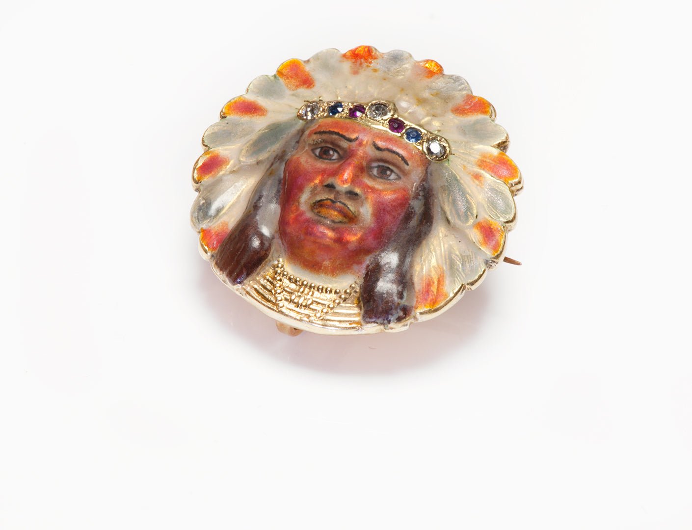 Native American Indian Chief Gold Enamel Gemstone Brooch