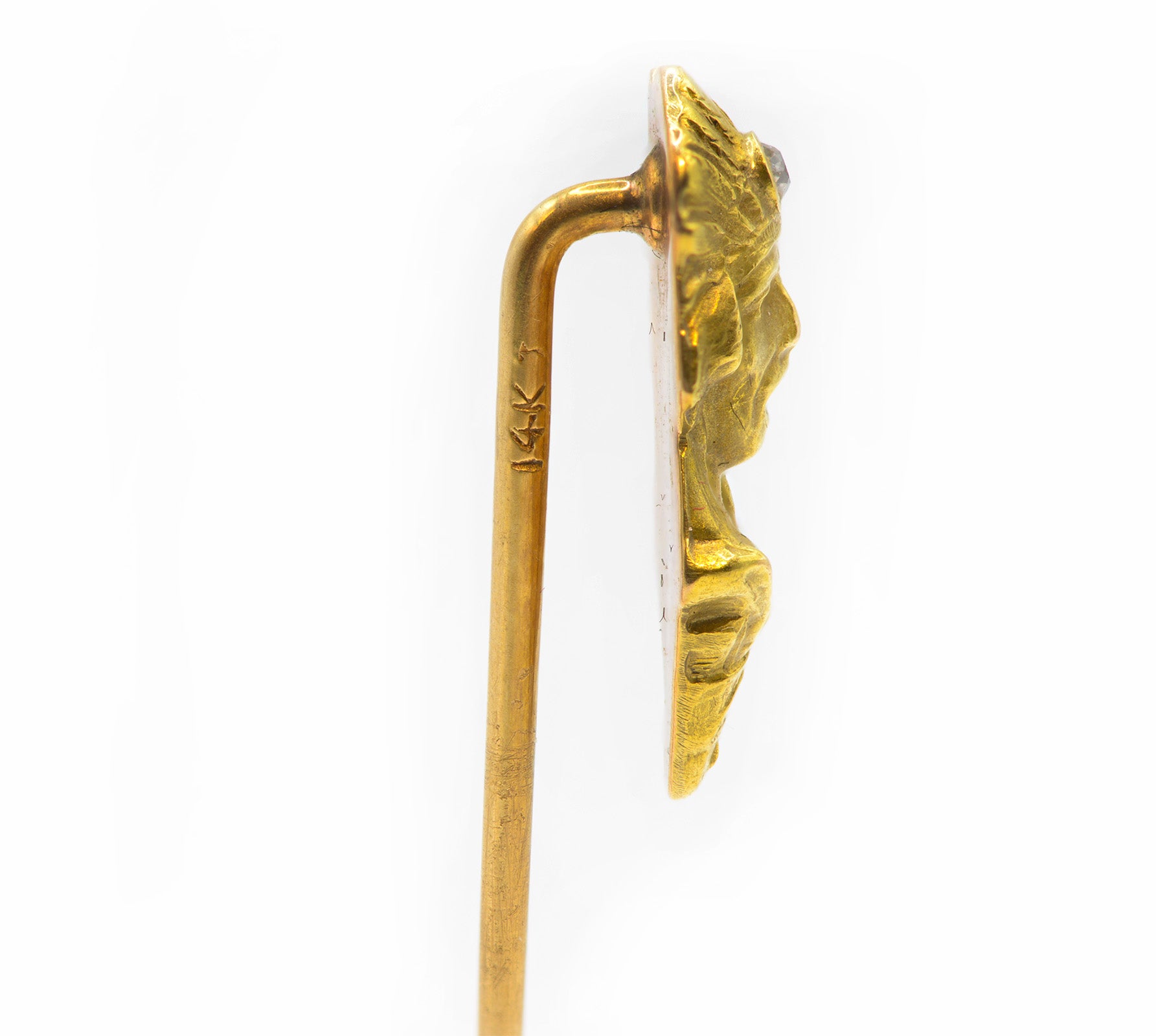 Art Nouveau Diamond Gold Native American Chief Stick Pin