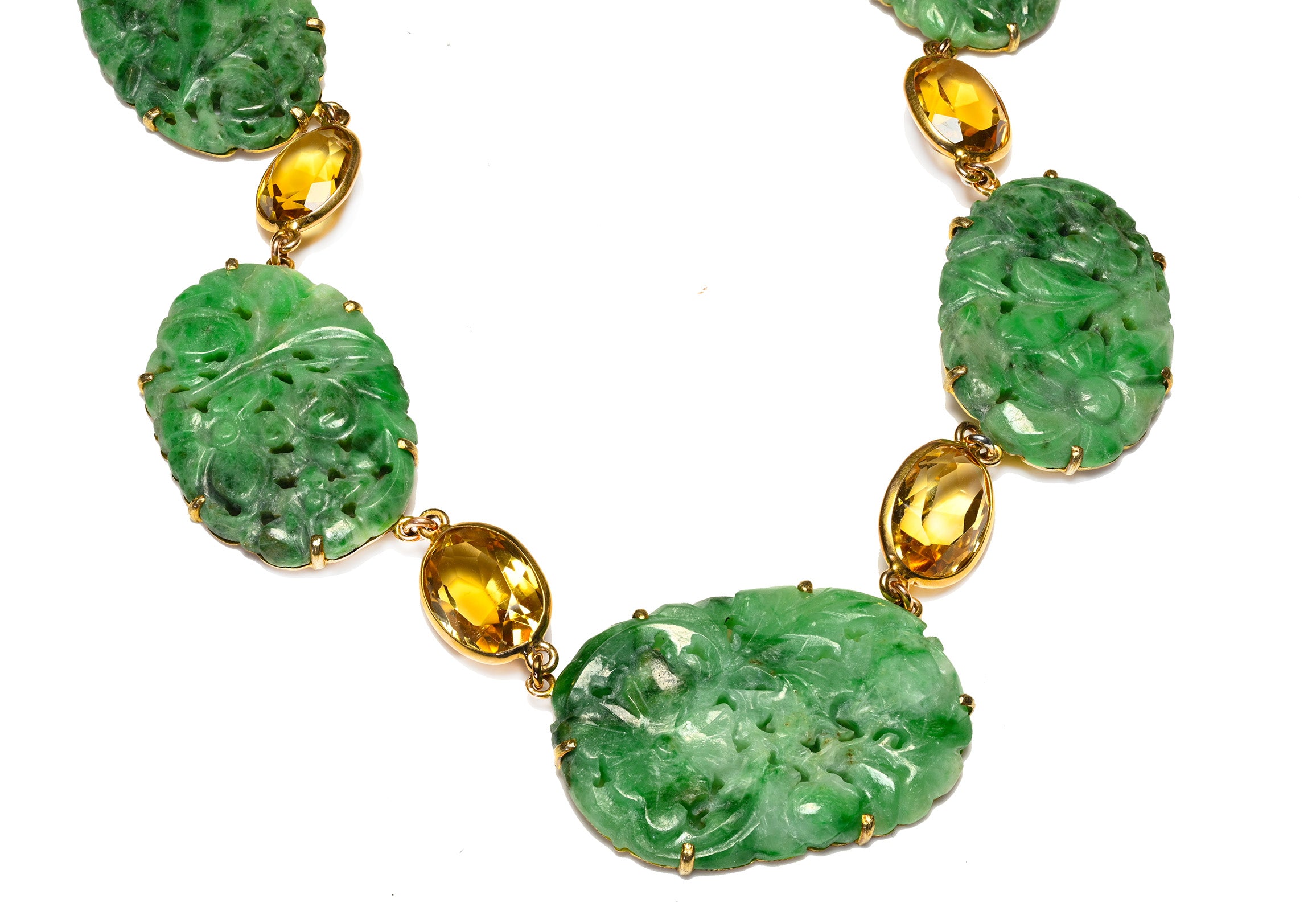 Art Deco Carved Jade and Citrine Necklace in 14K Gold