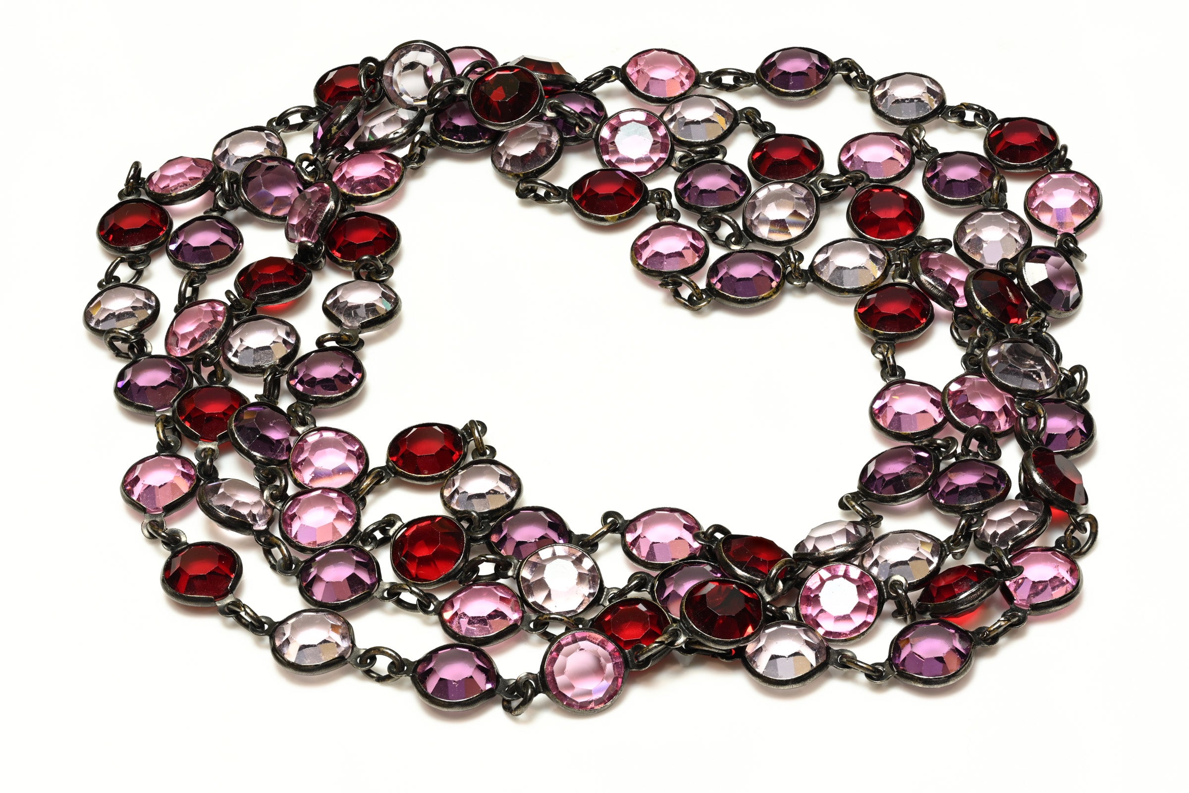 Vintage Austrian Rhuthenium Plated Red Pink Crystal Chiclet Sautoir