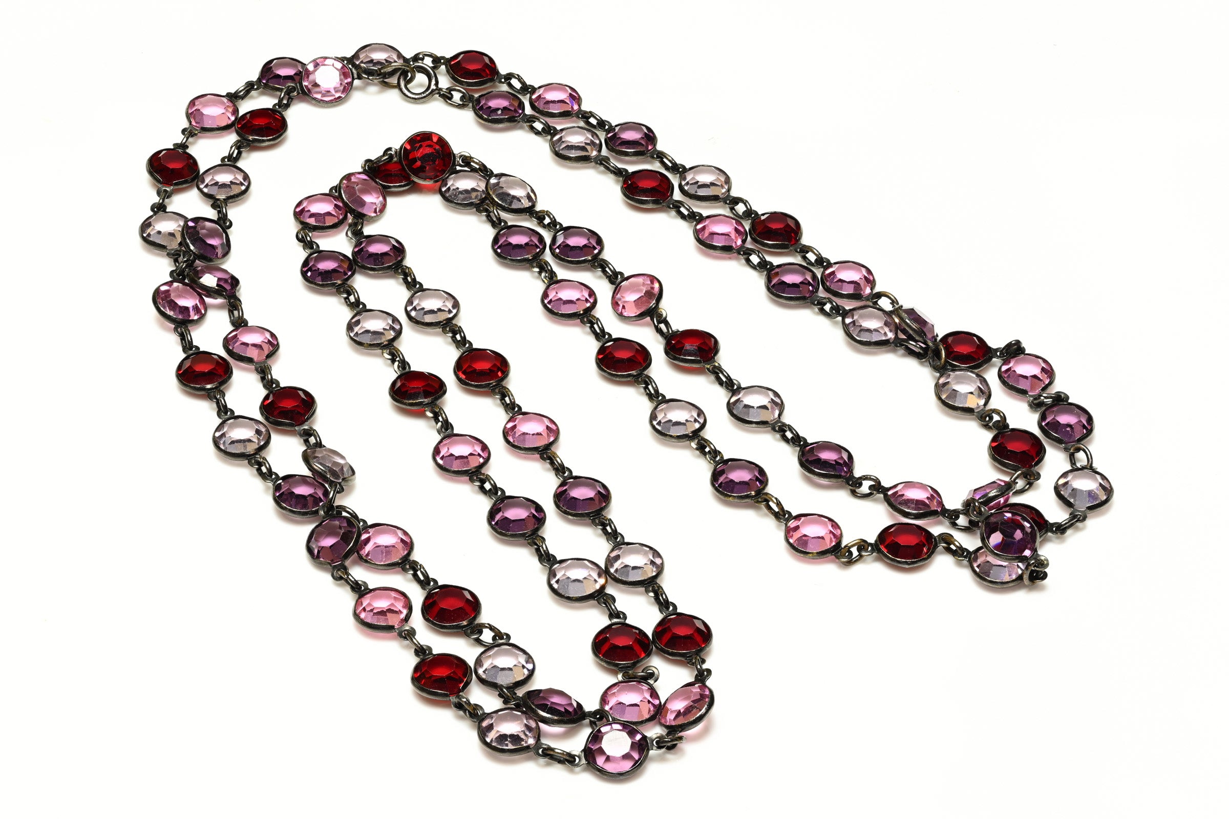 Vintage Austrian Rhuthenium Plated Red Pink Crystal Chiclet Sautoir 2