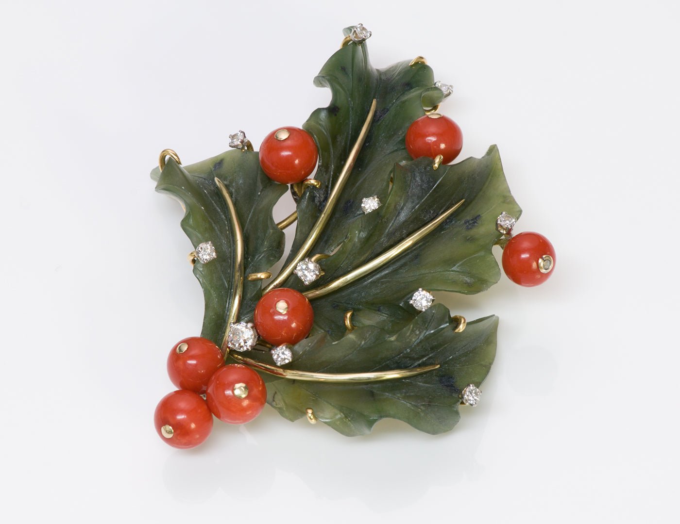 Nephrite Jade Coral Diamond Gold Brooch Pin