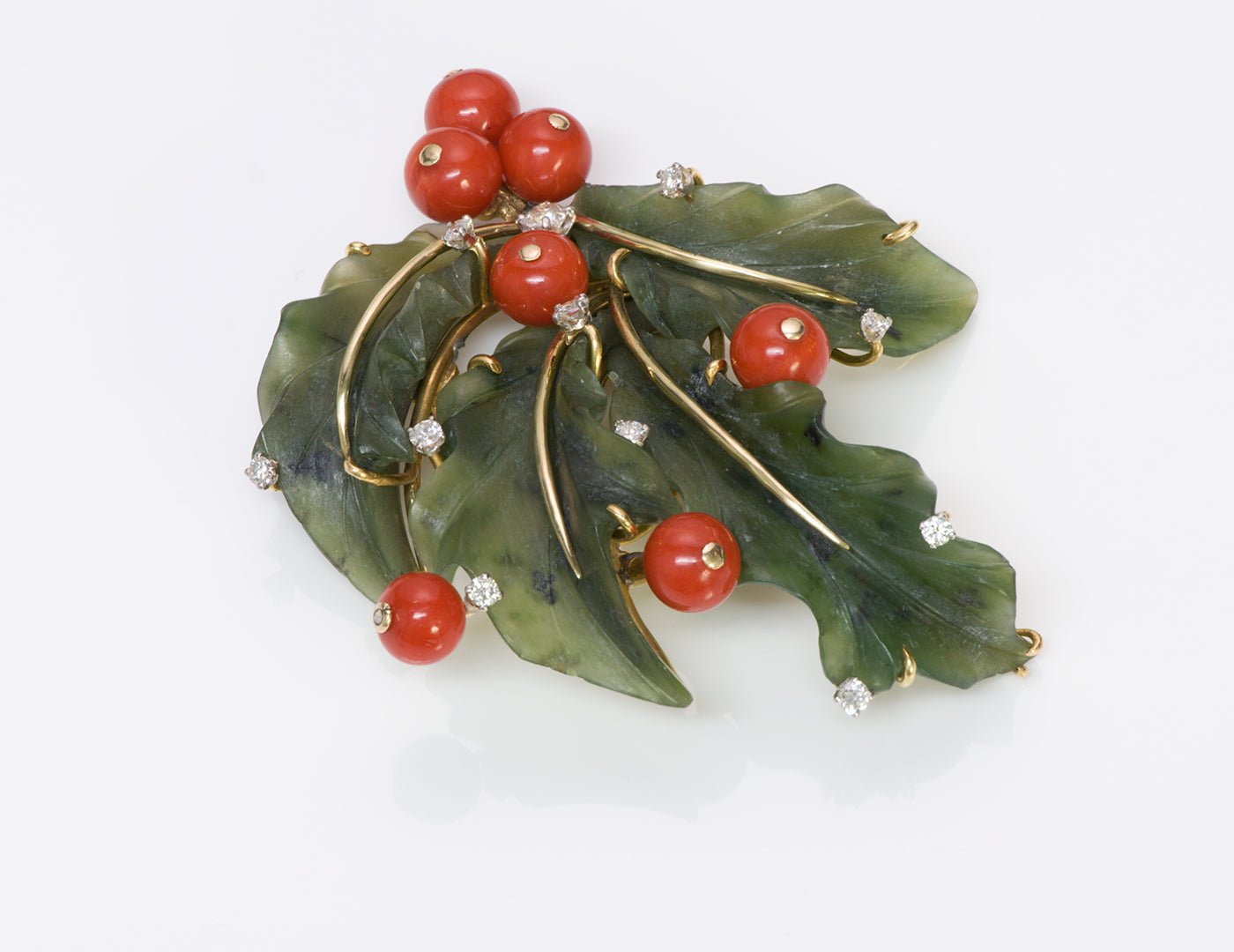 Nephrite Jade Coral Diamond Gold Brooch Pin