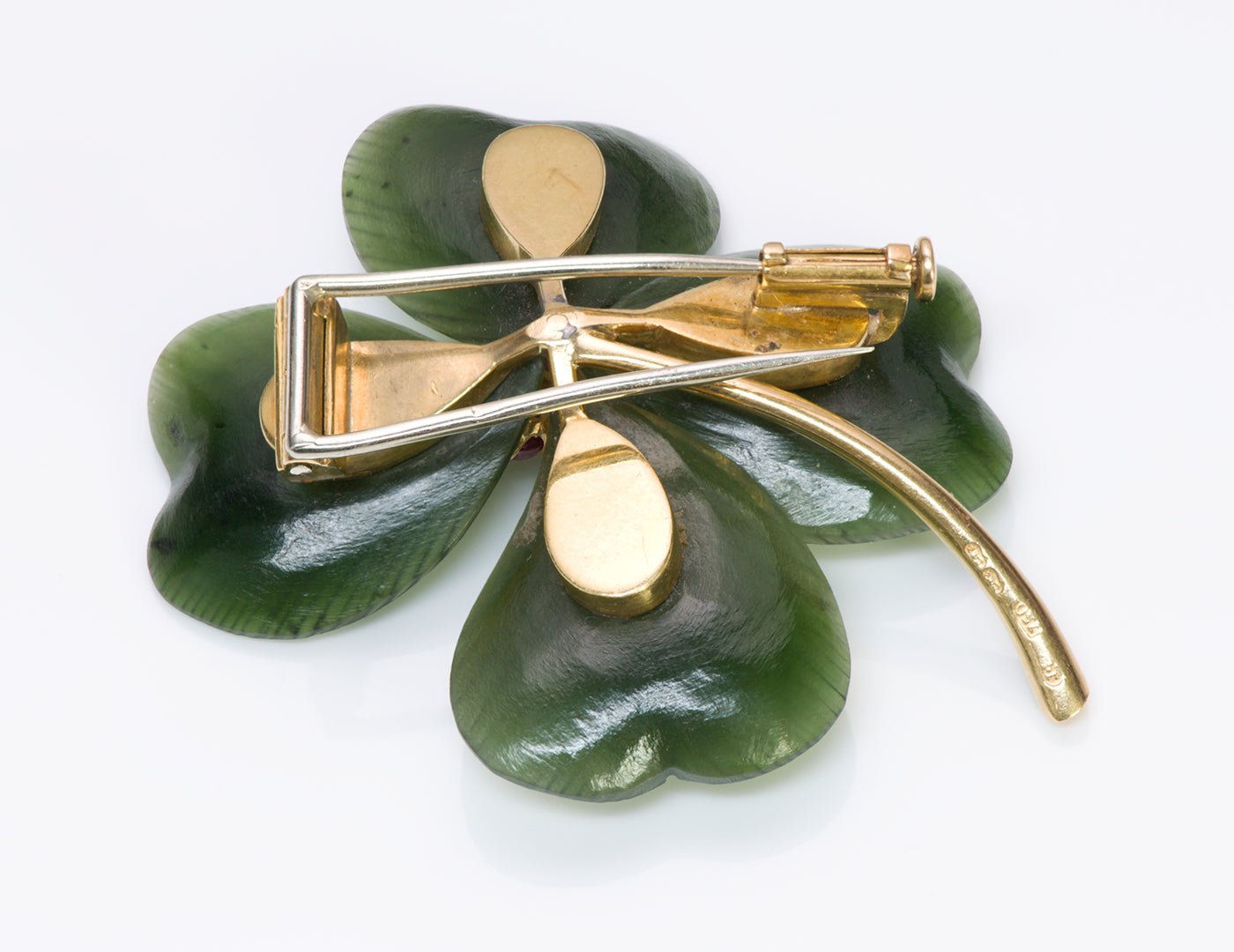 Nephrite Jade Ruby Diamond Gold Brooch Pin