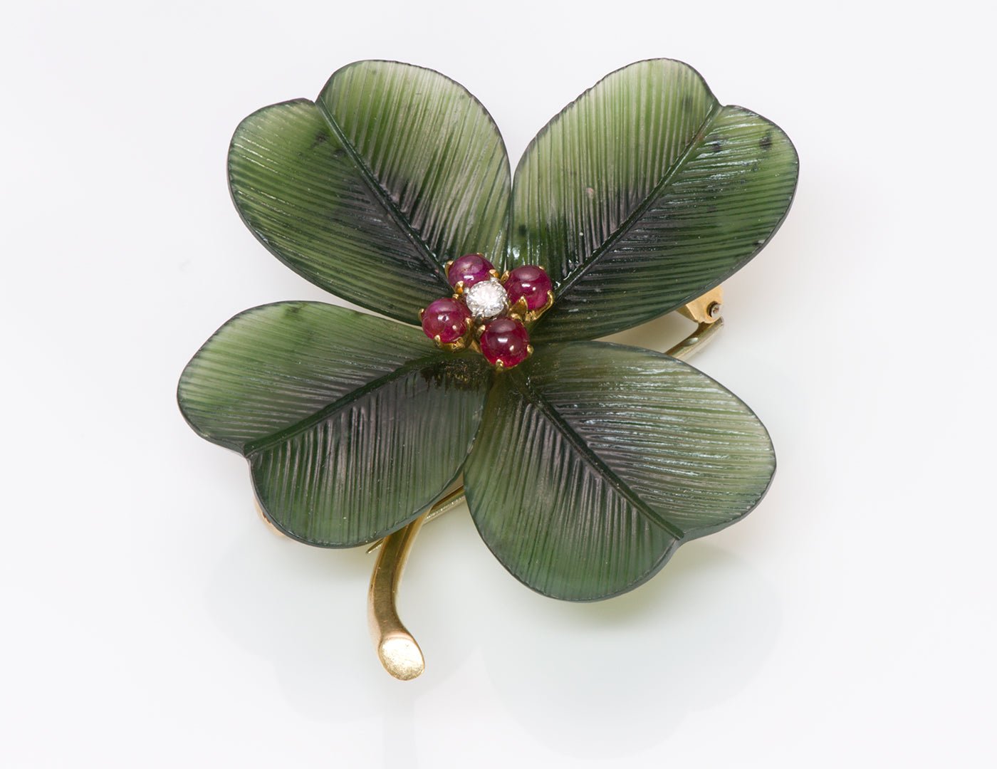 Nephrite Jade Ruby Diamond Gold Brooch Pin