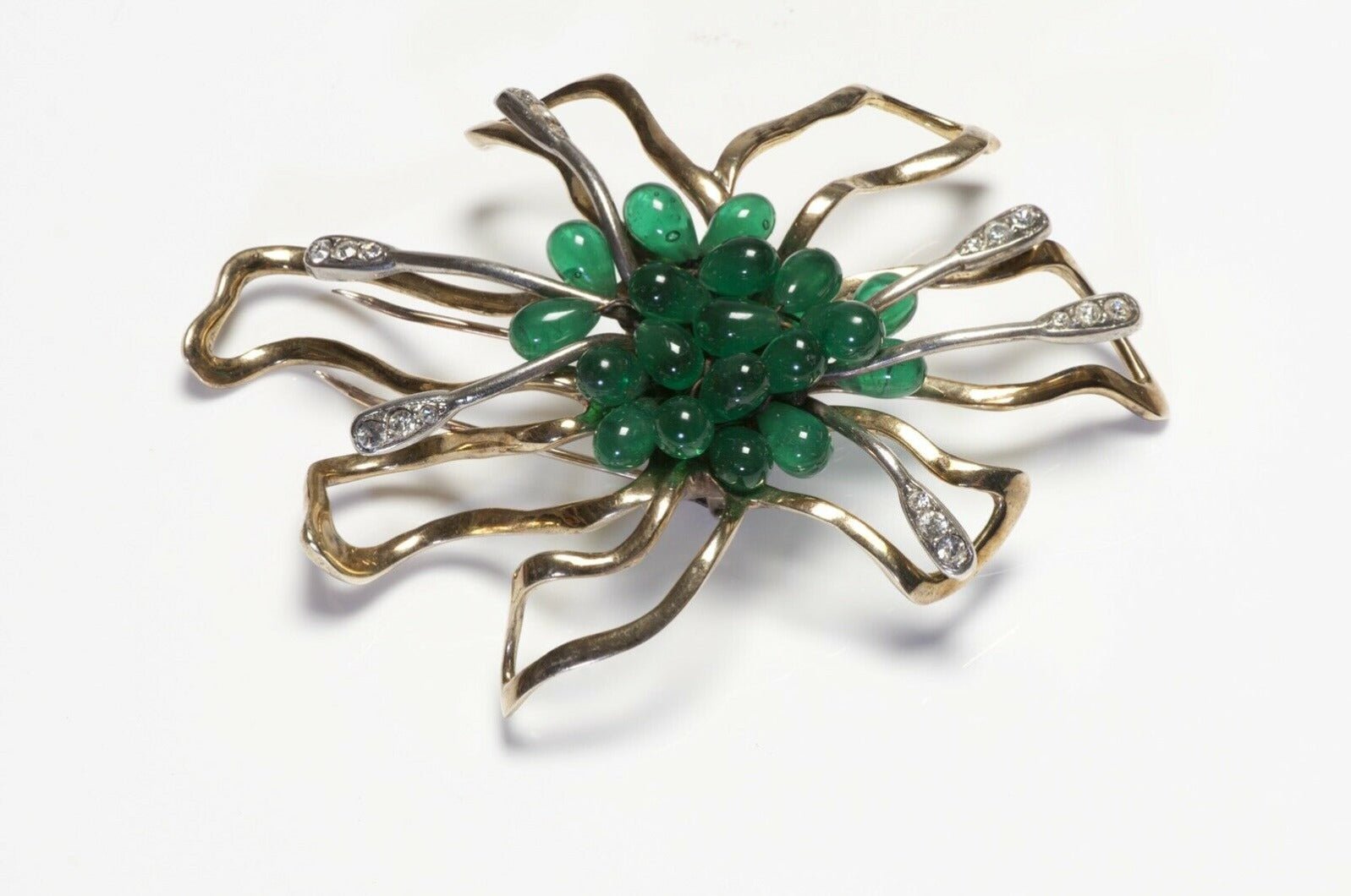 Nettie Rosenstein Sterling Silver Green Glass Crystal Flower Brooch