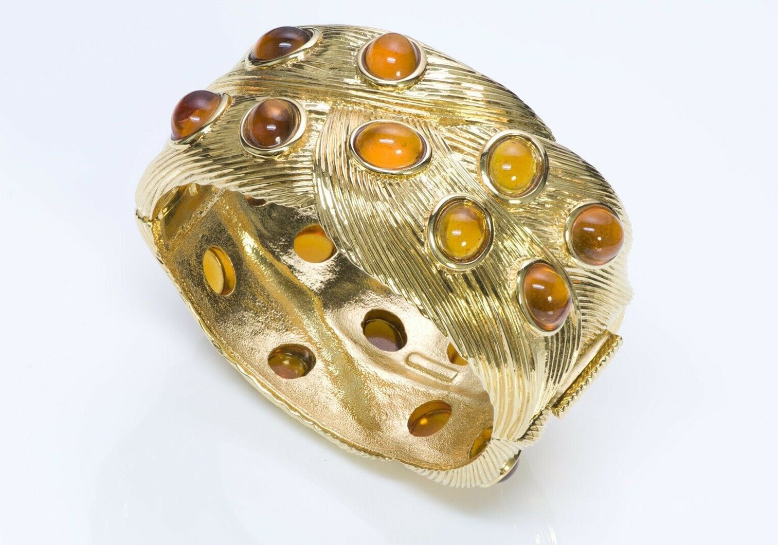 Nina Ricci Paris Wide Faux Amber Cabochon Glass Cuff Bracelet