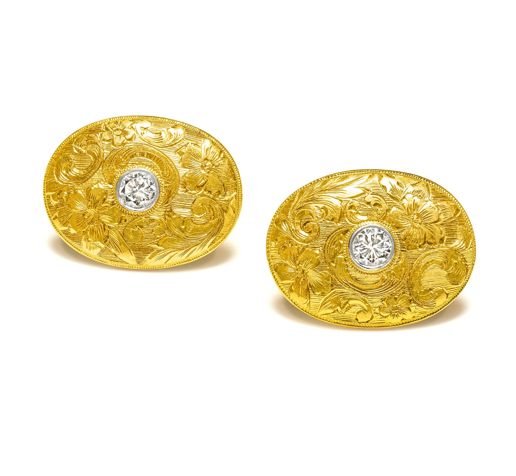 Antique Cufflinks with Old Mine Cut Diamond in Engraved 14K Gold