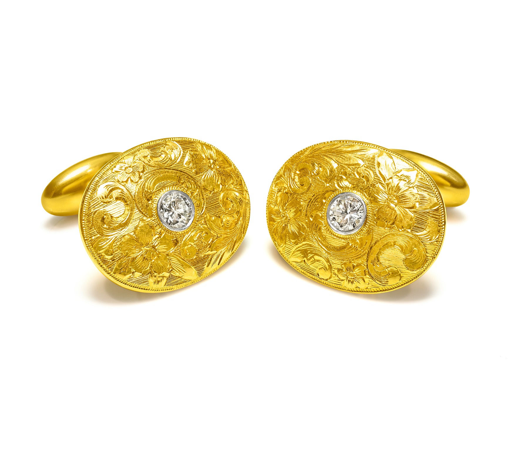 Diamond Antique Cufflinks Engraved 14K Gold