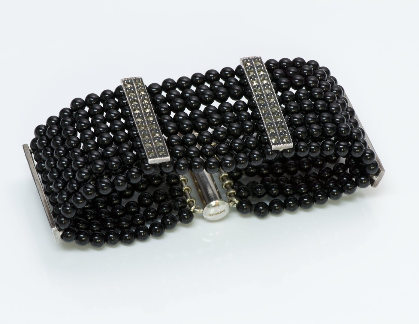Onyx Marcasite Silver Beaded Bracelet