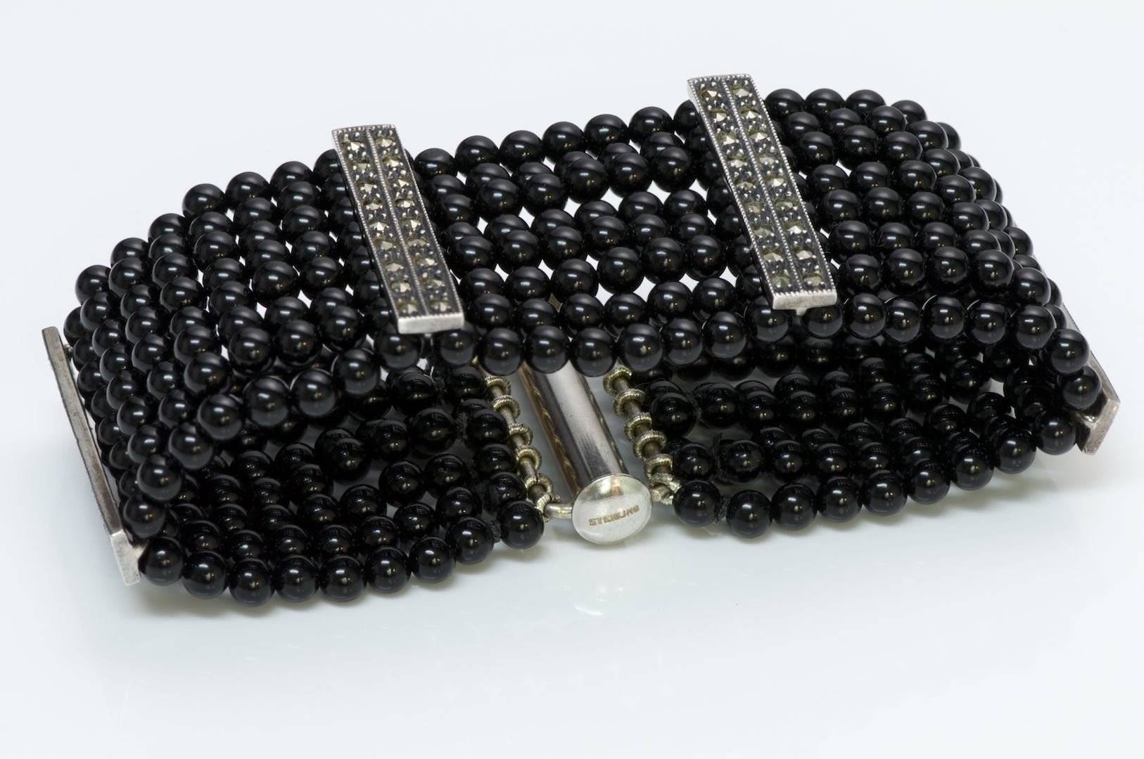 Onyx Marcasite Silver Beaded Bracelet