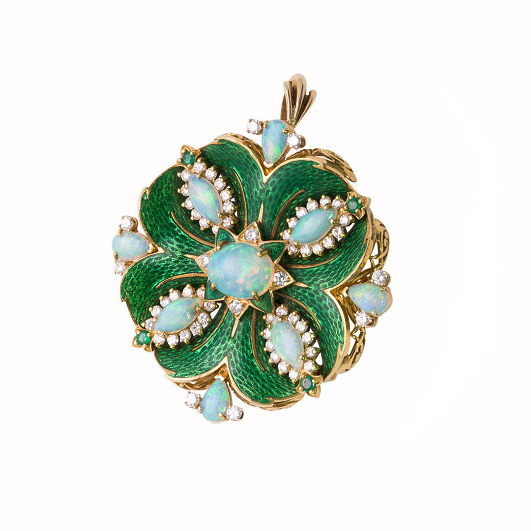 Opal Diamond Emerald and Green Enamel 18K Gold Brooch Pendant