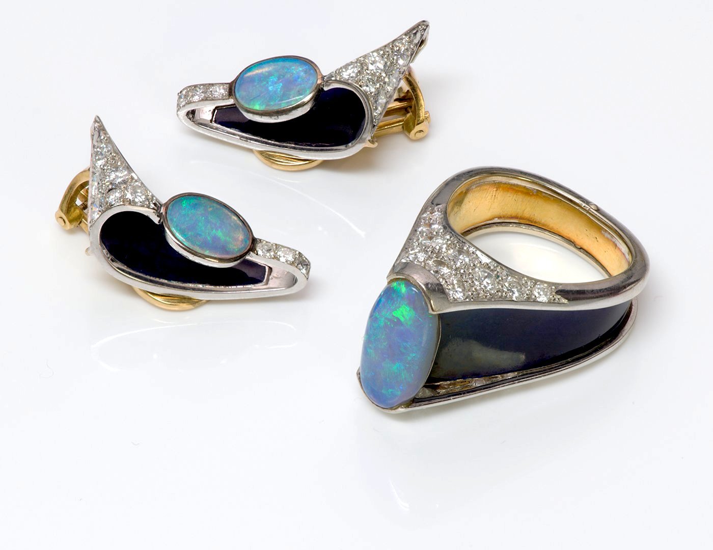 Opal Diamond Enamel Gold Earrings and Ring Suite
