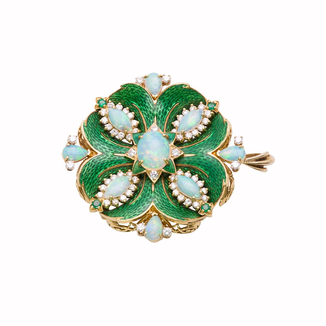Opal Diamond Gold Enamel Pendant/Brooch