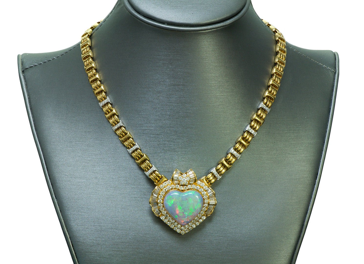 Opal Heart Gold Diamond Necklace Pendant Brooch