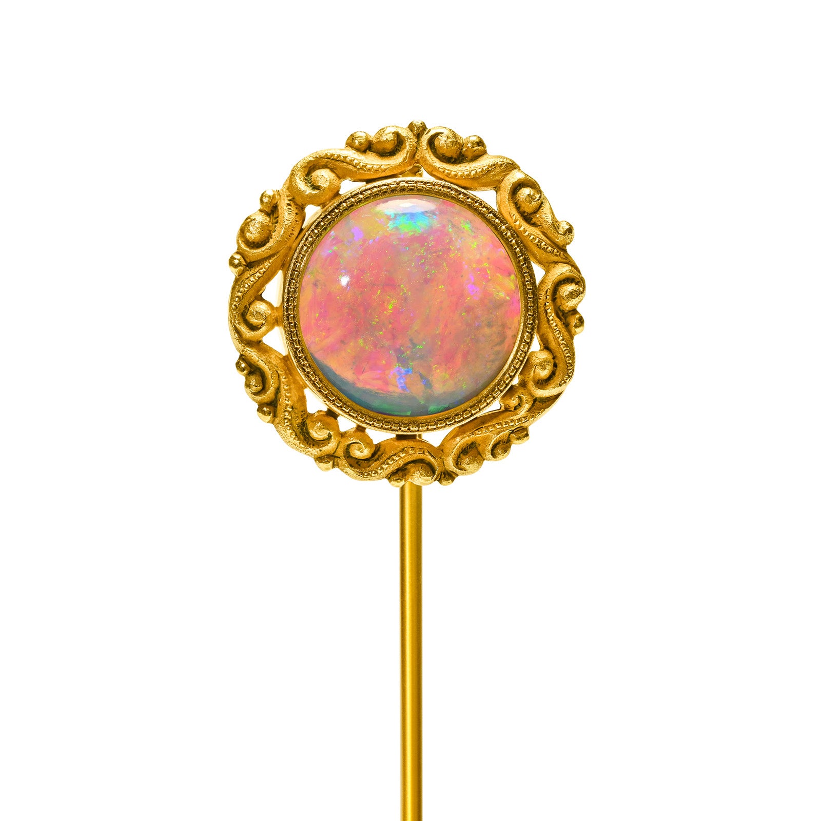 Antique Victorian Gold Opal Stick Pin with Scrollwork Frame
