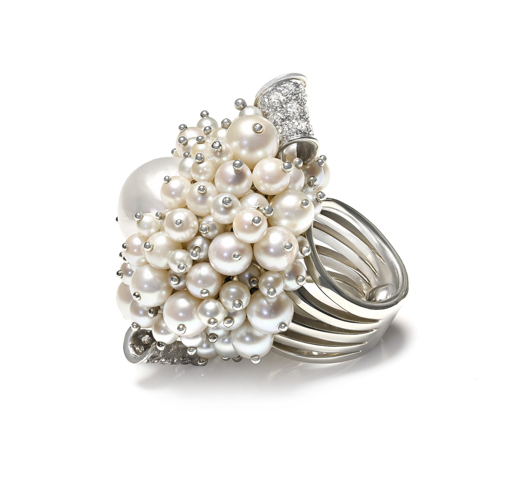 Magnificent 18K White Gold Diamond and Pearl Cluster Ring Vintage