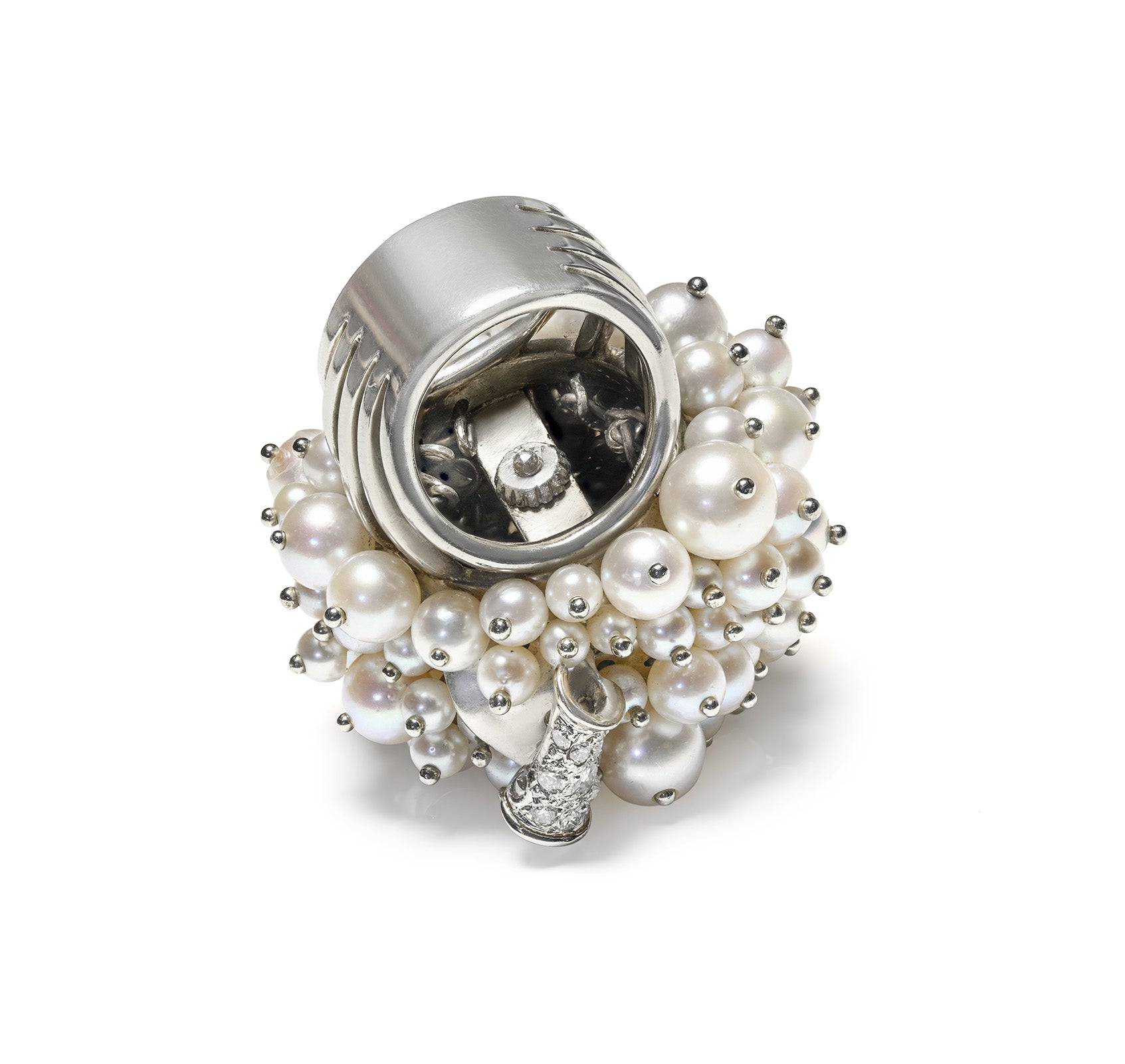 Magnificent 18K White Gold Diamond and Pearl Cluster Ring vtg