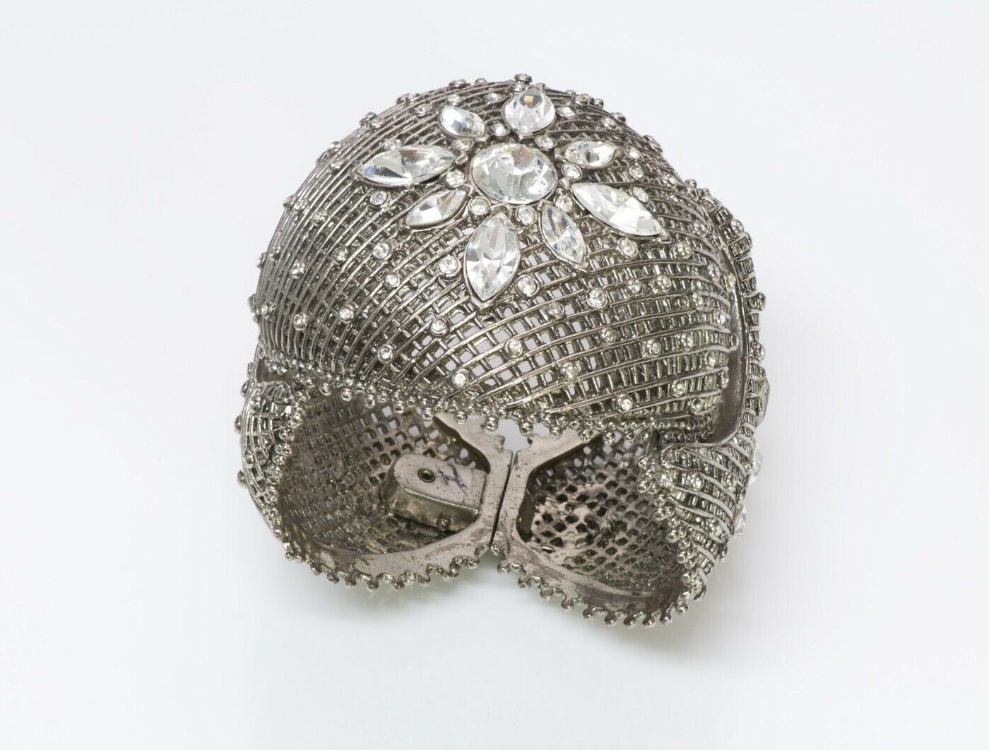 Orciani Silver Tone Crystal Metal Lace Cuff Bracelet