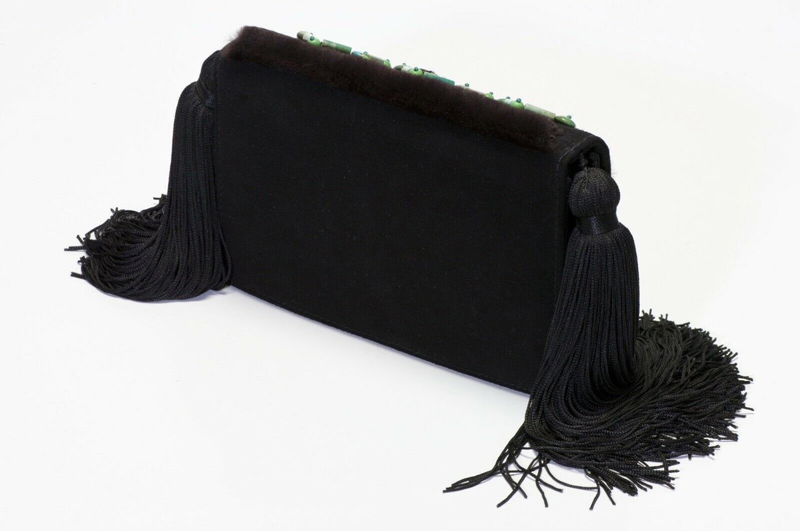 Oscar de la Renta Black Suede Turquoise Tassel Clutch Bag