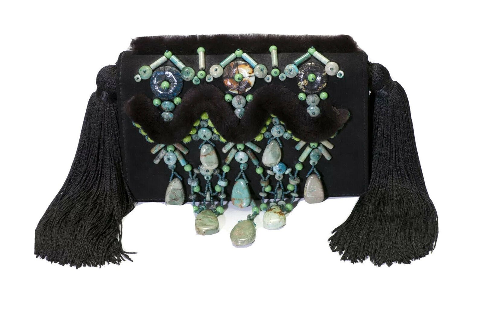 Oscar de la Renta Black Suede Turquoise Tassel Clutch Bag