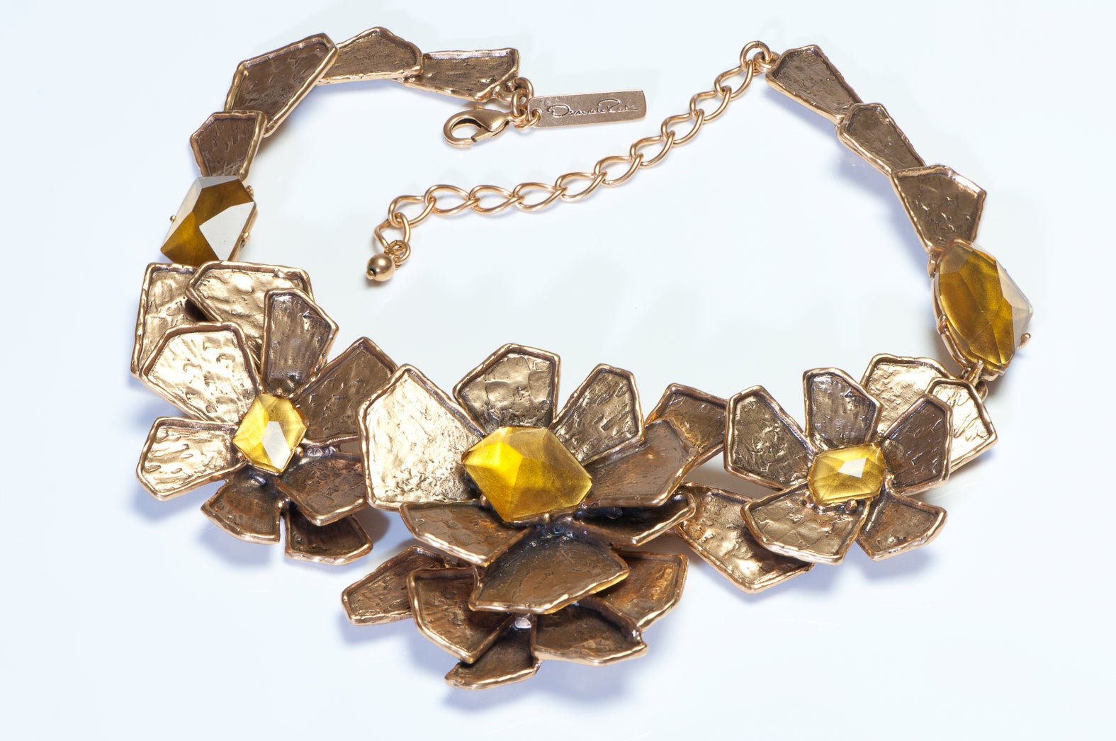 Oscar de la Renta Brass Metal Yellow Crystal Flower Collar Necklace