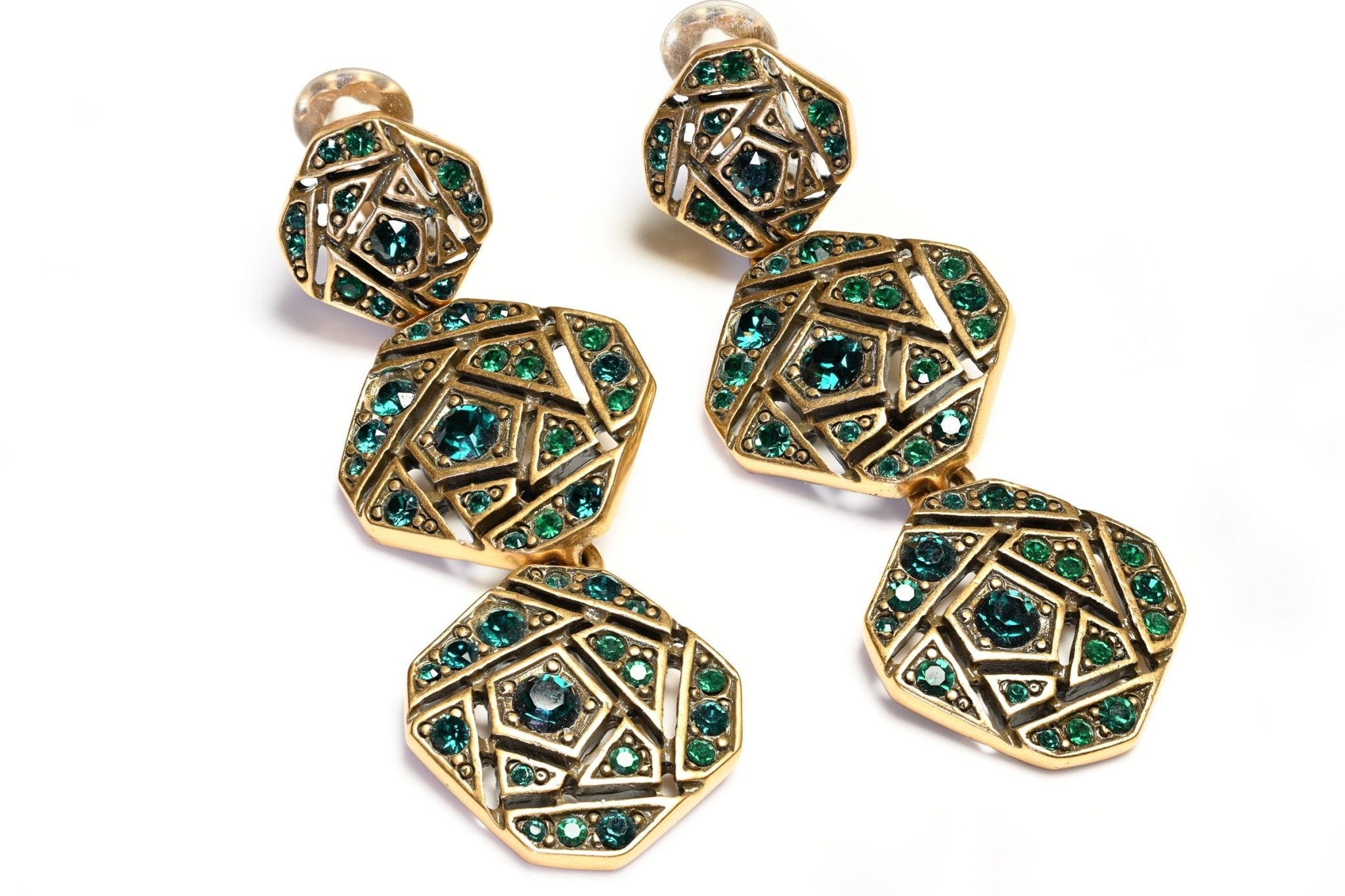 Oscar de la Renta Green Crystal Art Deco Style Necklace Long Earrings Set