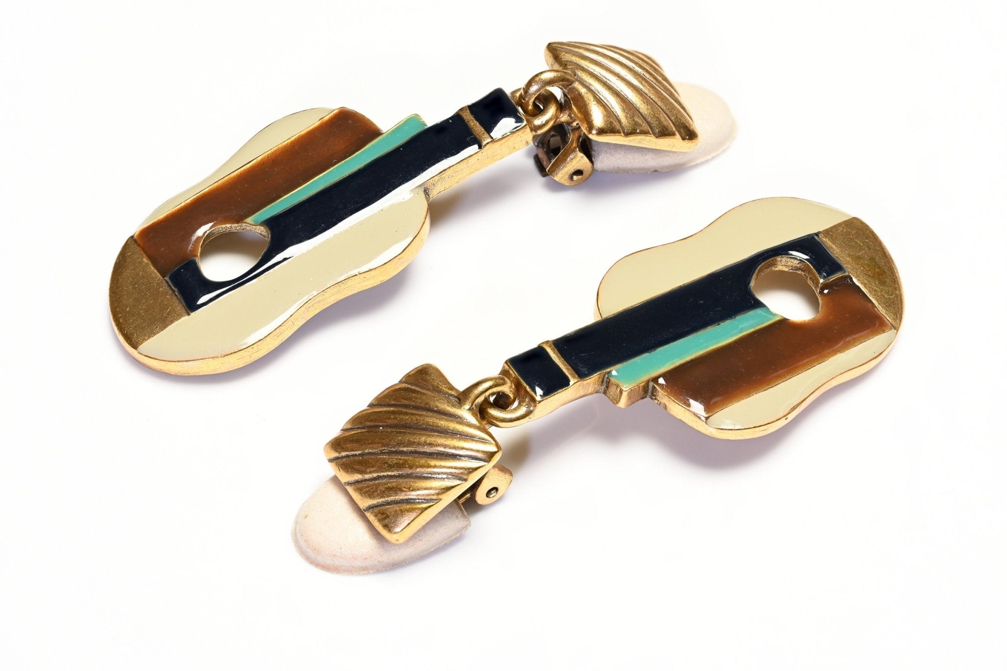 Oscar de la Renta Long Brown Green Enamel Guitar Earrings