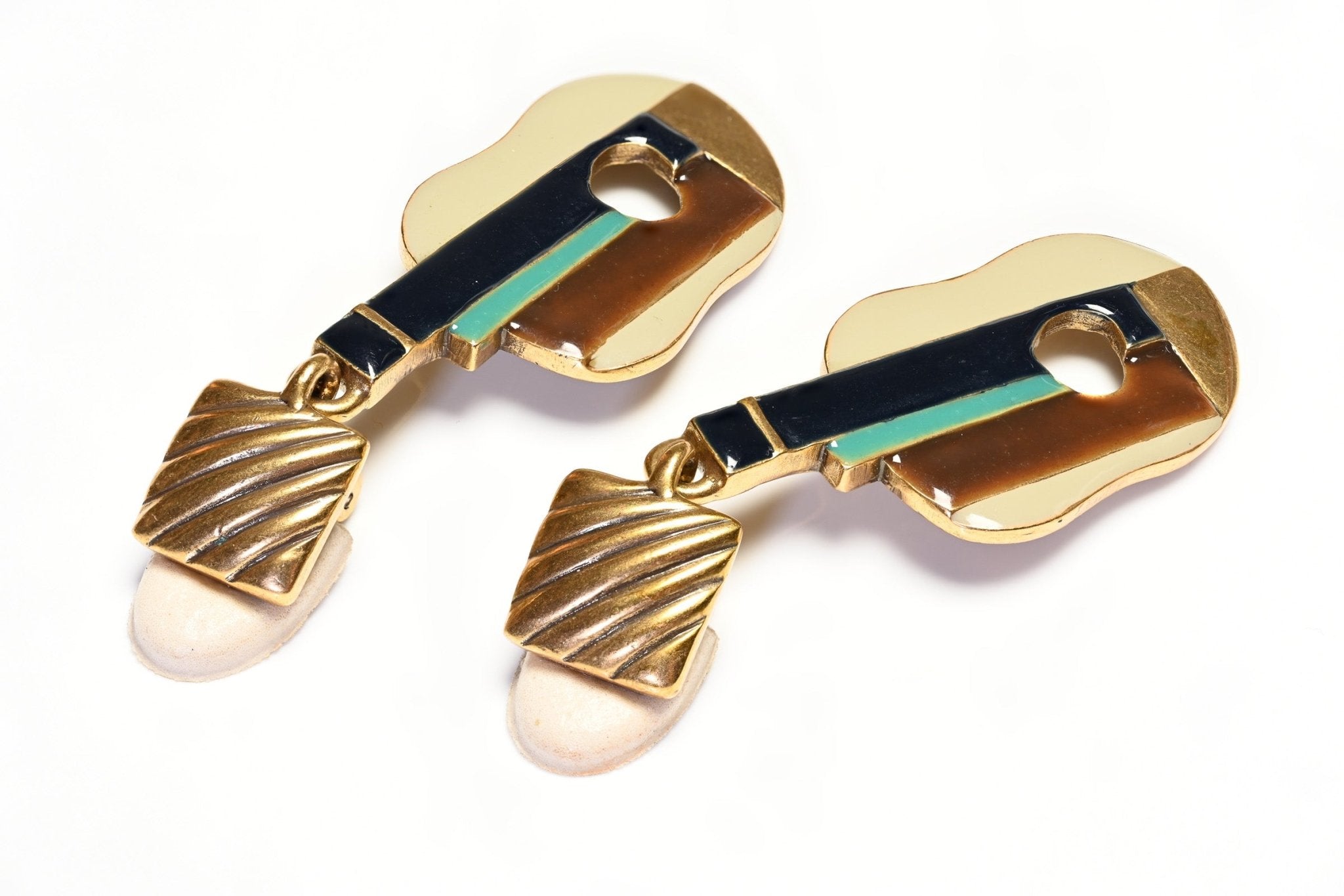 Oscar de la Renta Long Brown Green Enamel Guitar Earrings