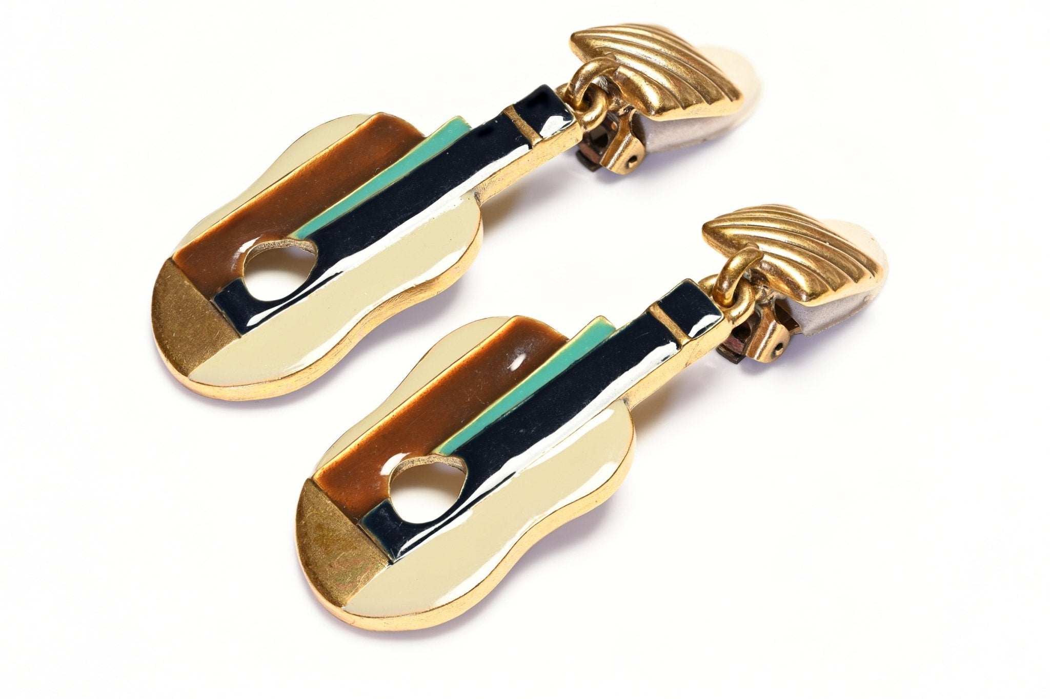 Oscar de la Renta Long Brown Green Enamel Guitar Earrings