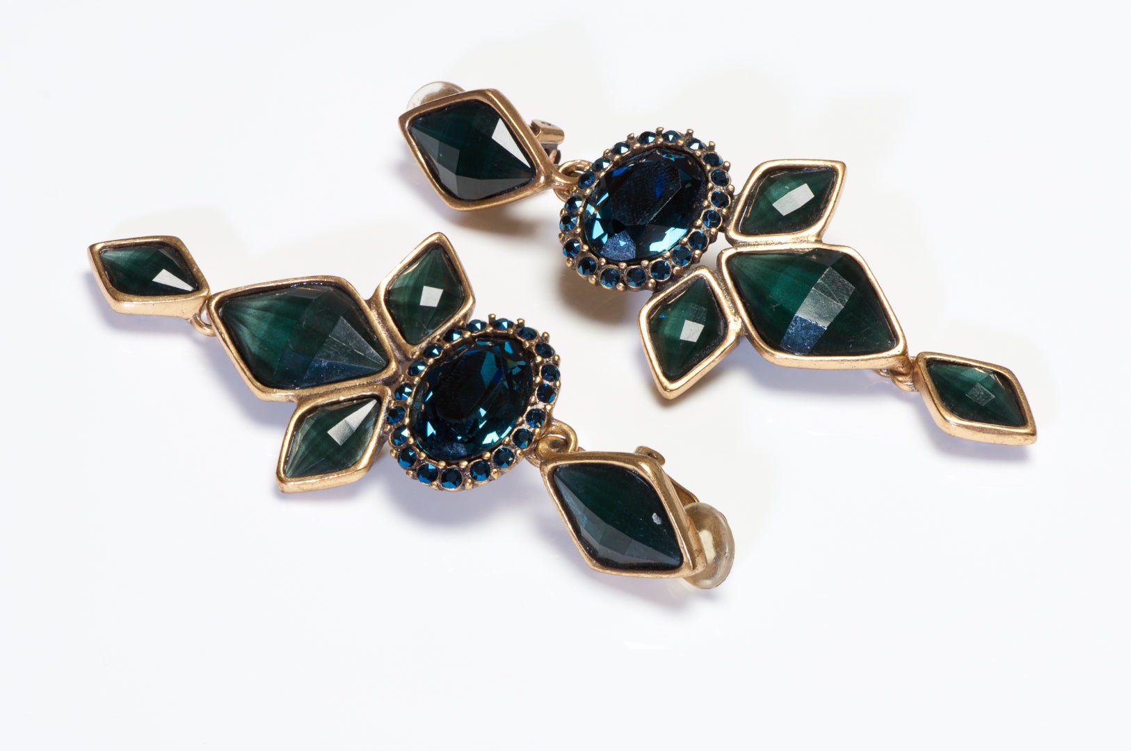Oscar de la Renta Long Green Blue Crystal Drop Earrings