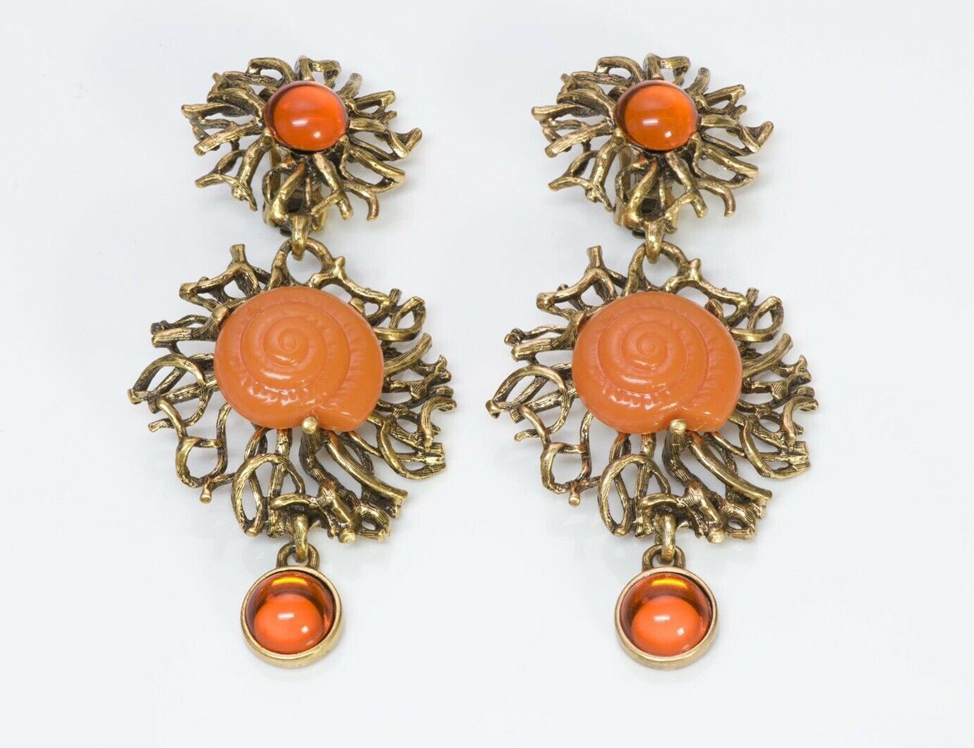 Oscar de la Renta Long Orange Cabochon Glass Shell Earrings