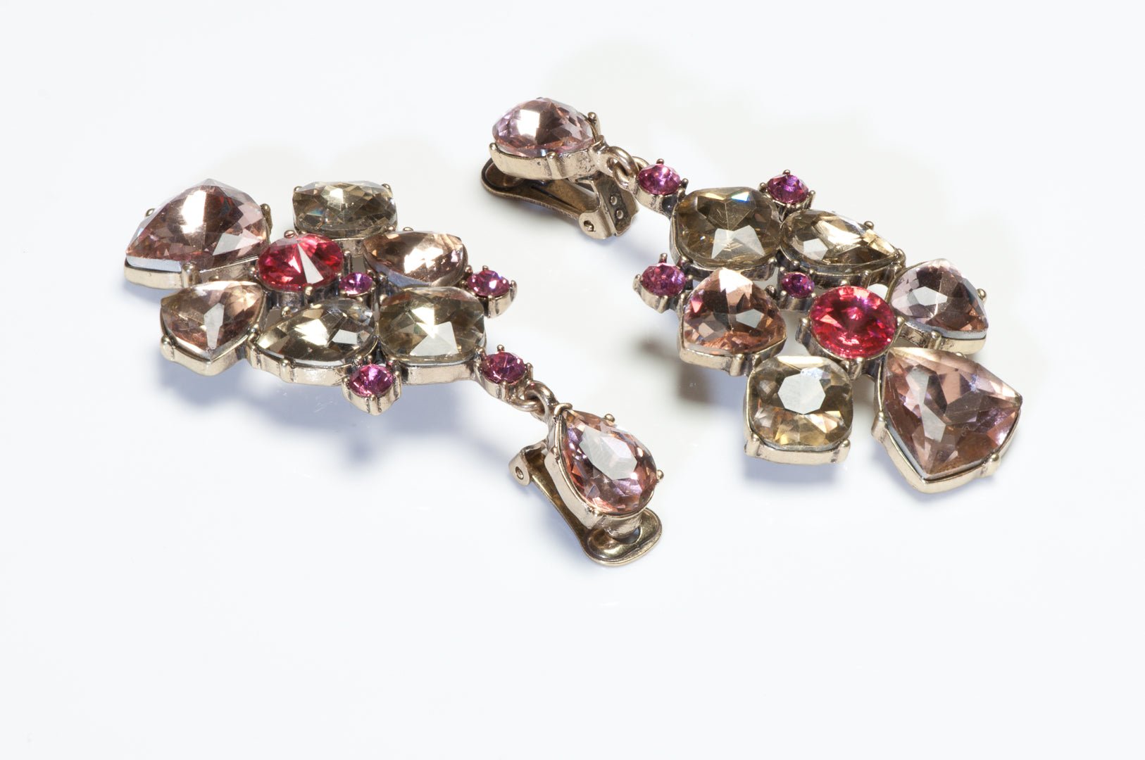 Oscar de la Renta Long Pink Champagne Yellow Crystal Drop Earrings