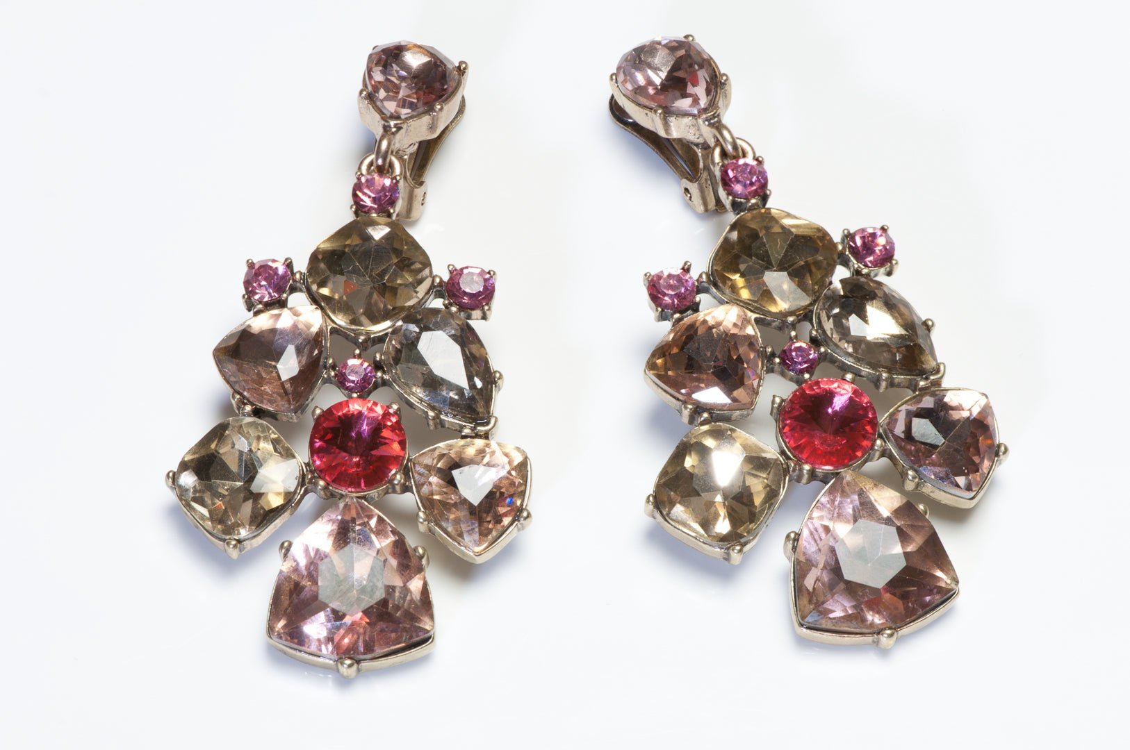 Oscar de la Renta Long Pink Champagne Yellow Crystal Drop Earrings