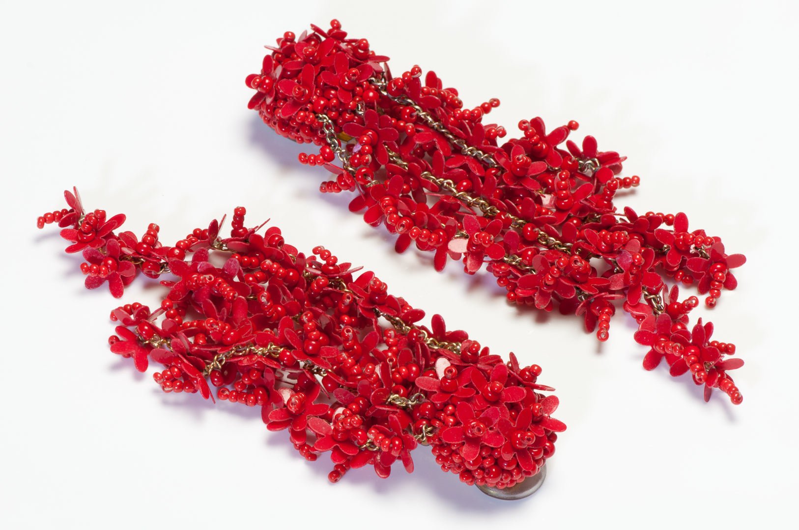 Oscar de la Renta Long Red Glass Beads Flower Tassel Earrings