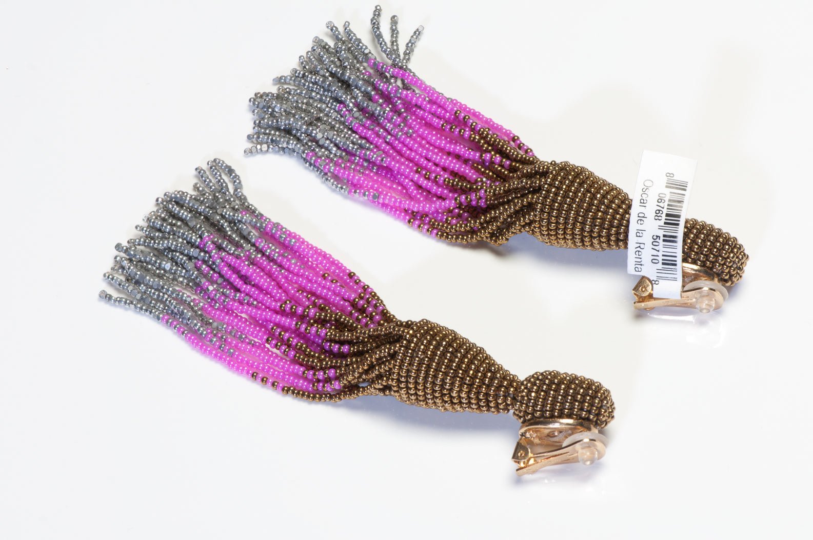 Oscar de la Renta Long Silver Bronze Pink Beads Tassel Earrings