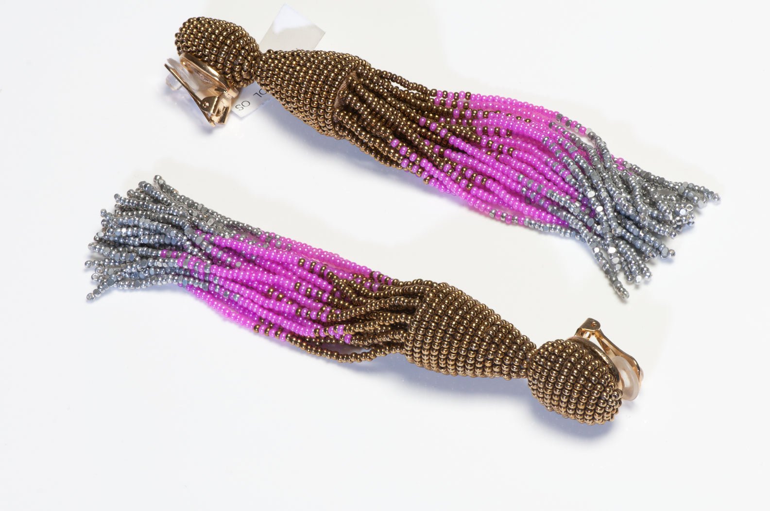 Oscar de la Renta Long Silver Bronze Pink Beads Tassel Earrings