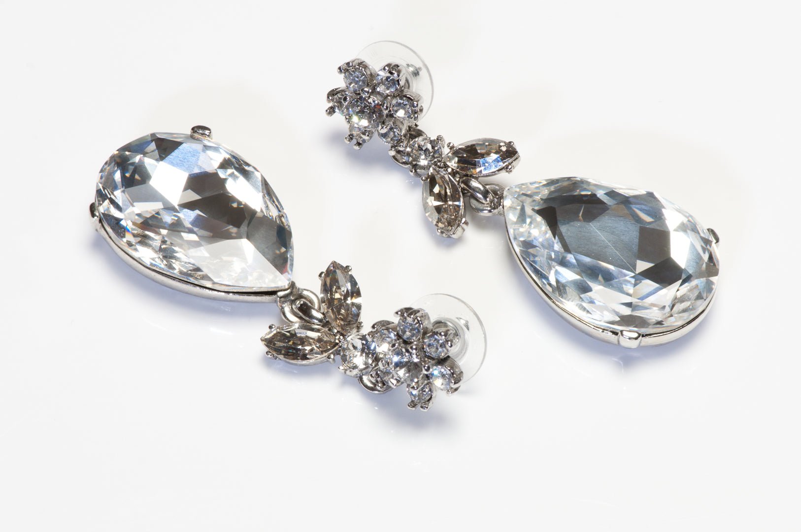 Oscar de la Renta Long Silver Tone Crystal Earrings