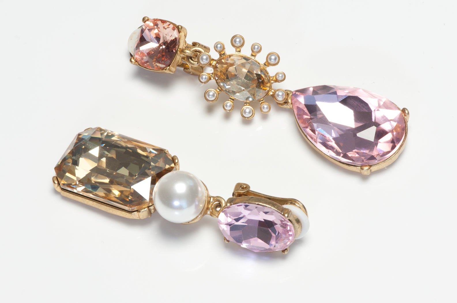 Oscar de la Renta Pink Crystal Pearl Long Drop Earrings