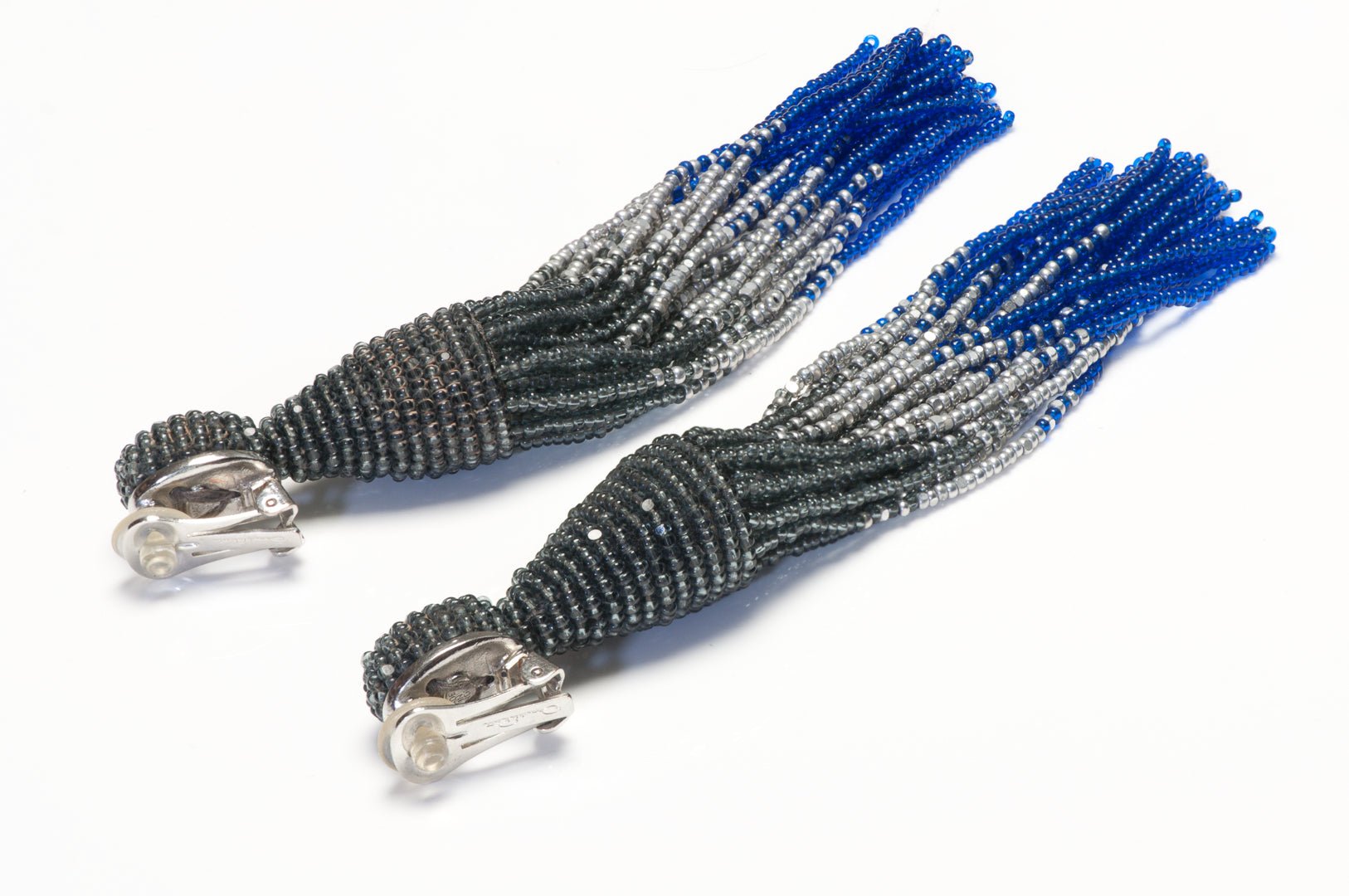 Oscar de la Renta Silver Blue Glass Beads Tassel Shoulder Duster Earrings