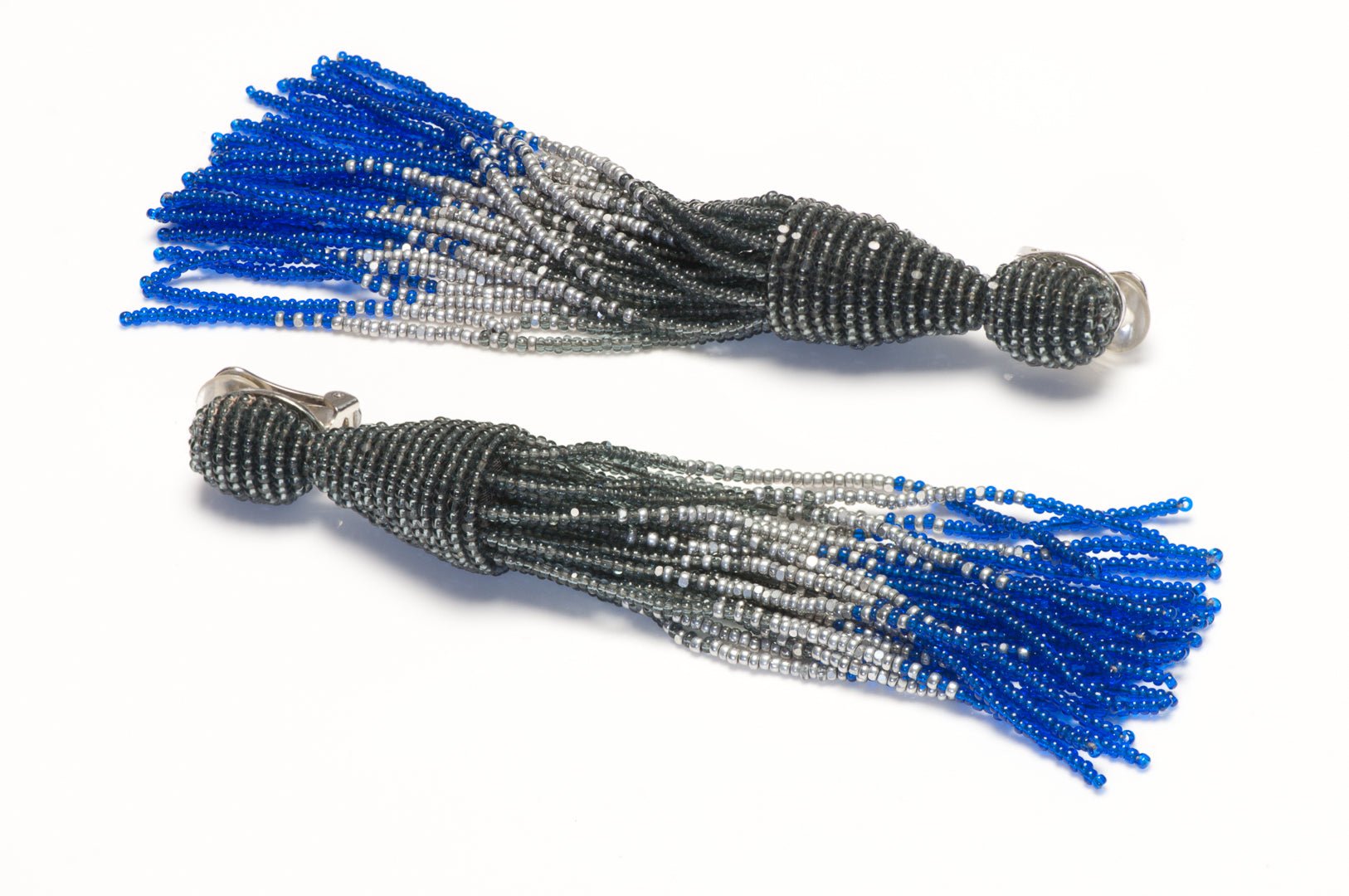Oscar de la Renta Silver Blue Glass Beads Tassel Shoulder Duster Earrings
