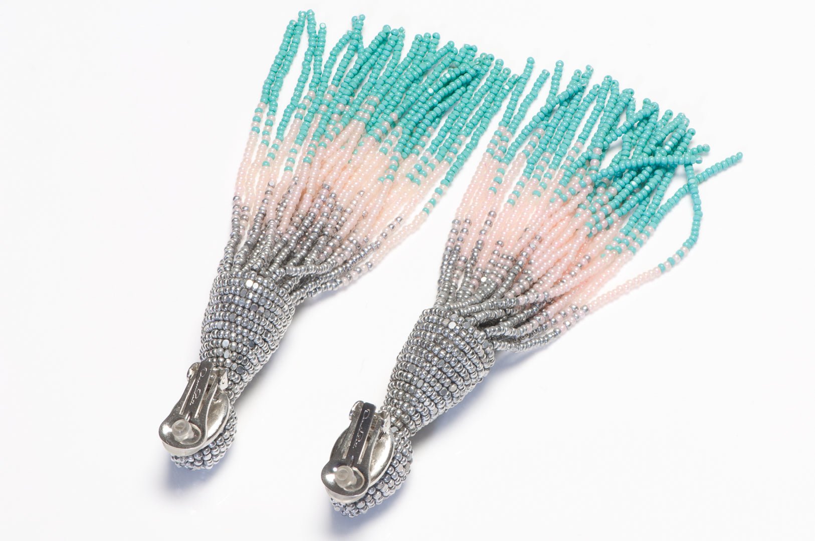 Oscar de la Renta Silver Pink Green Glass Beads Tassel Shoulder Duster Earrings